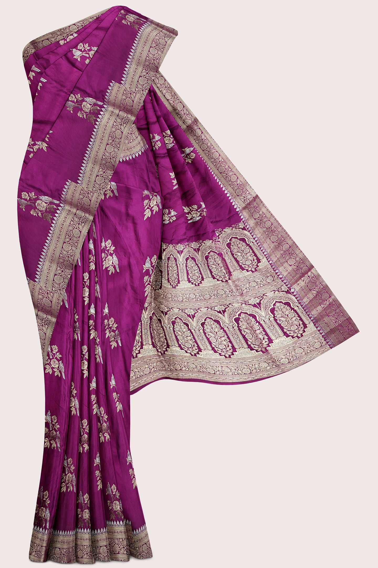 Satin Crepe Silver And Gold Zari Meena Dark Wine Saree