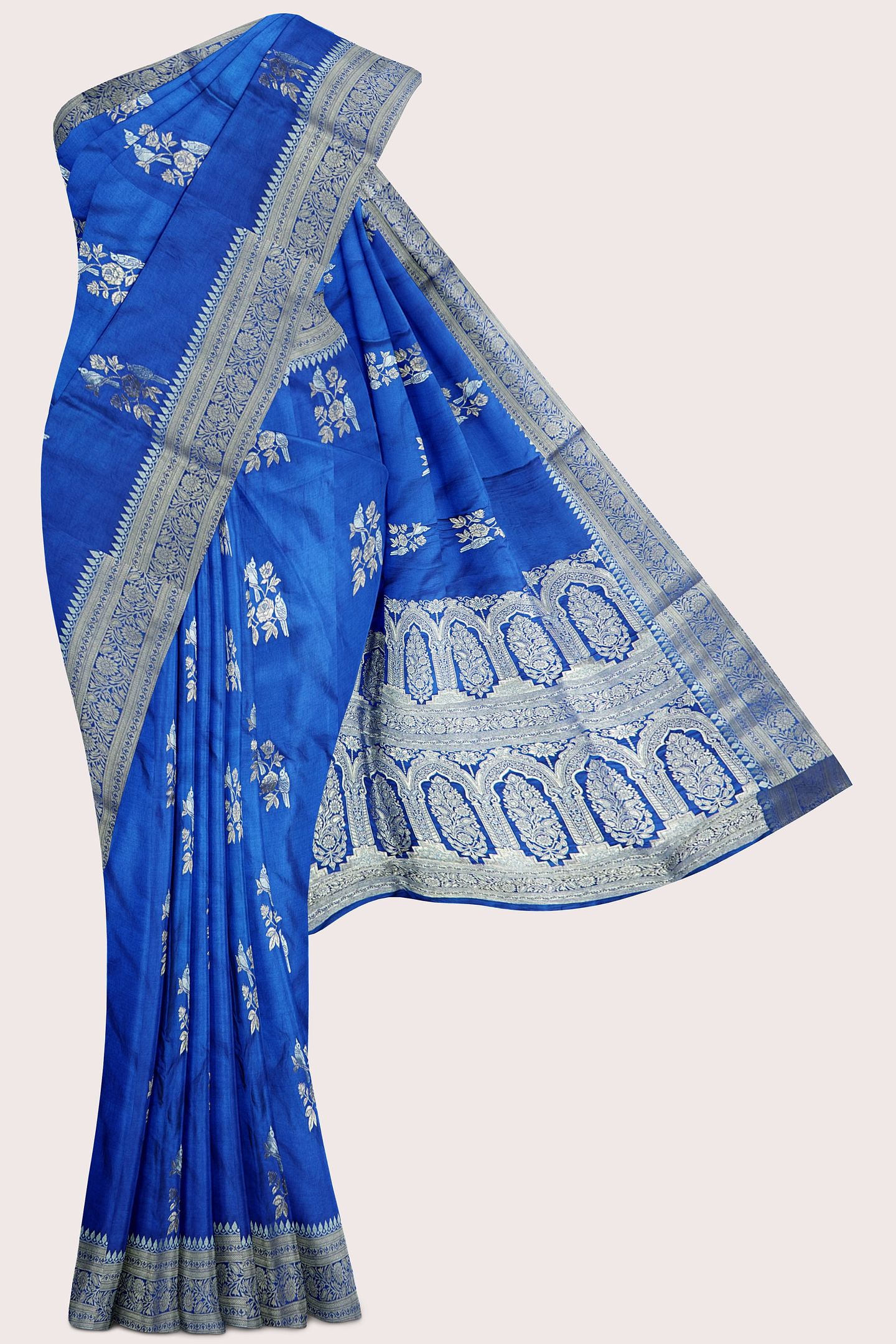 Satin Crepe Silver And Gold Zari Meena Bright Blue Saree