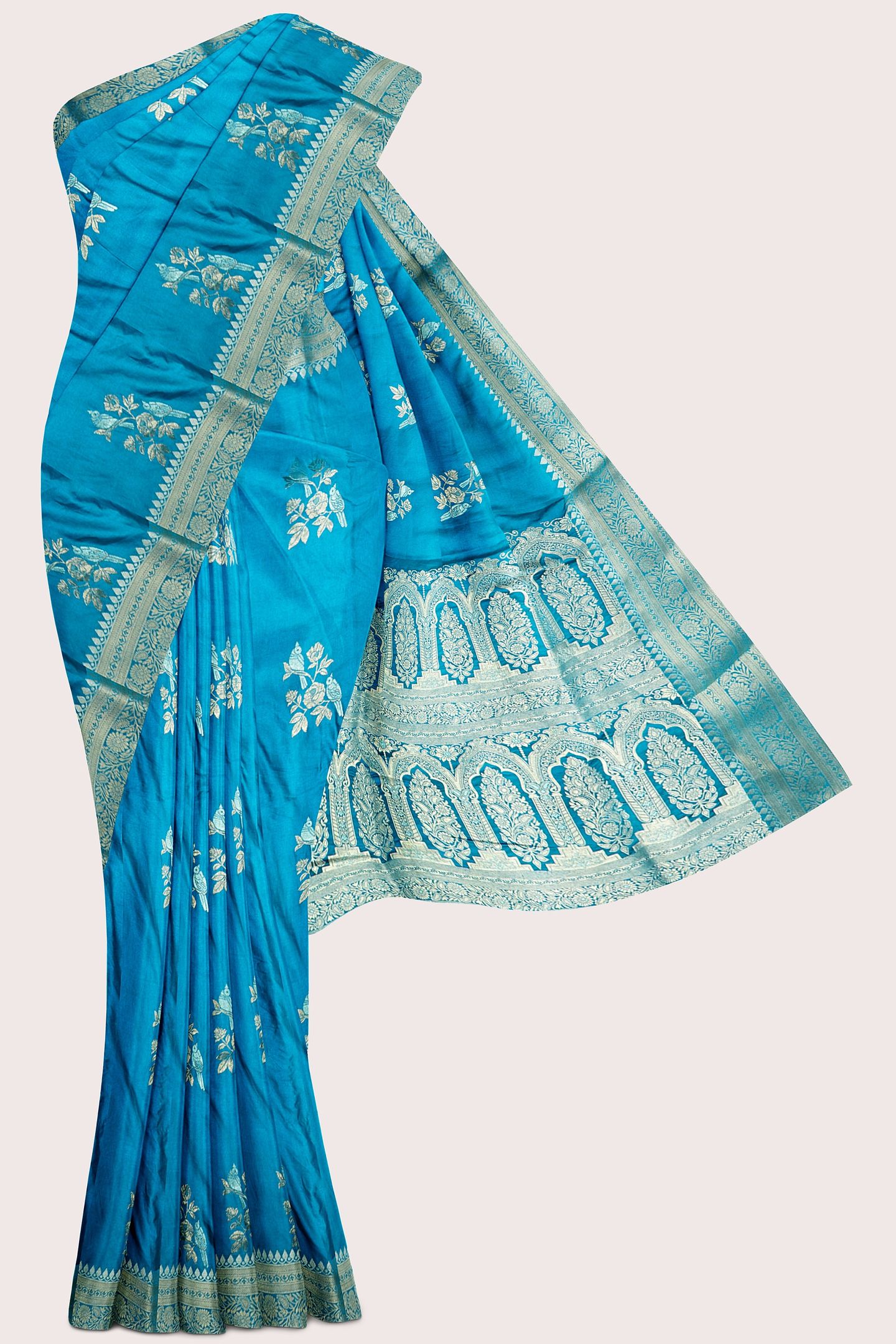 Satin Crepe Silver And Gold Zari Meena Rama Green Saree