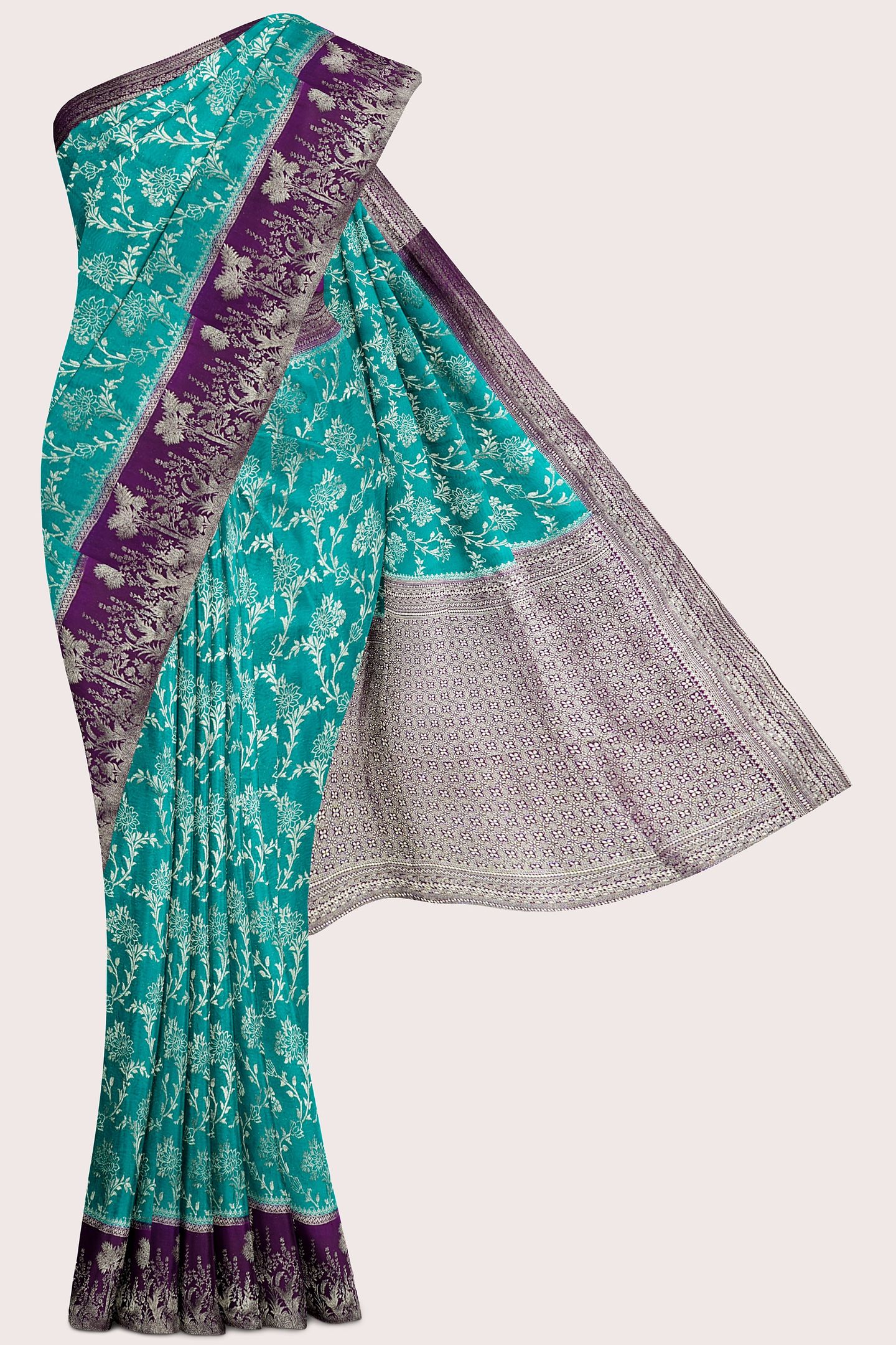 Emboose Silk Full Jal Design Rama Green With Magenta Pink Saree