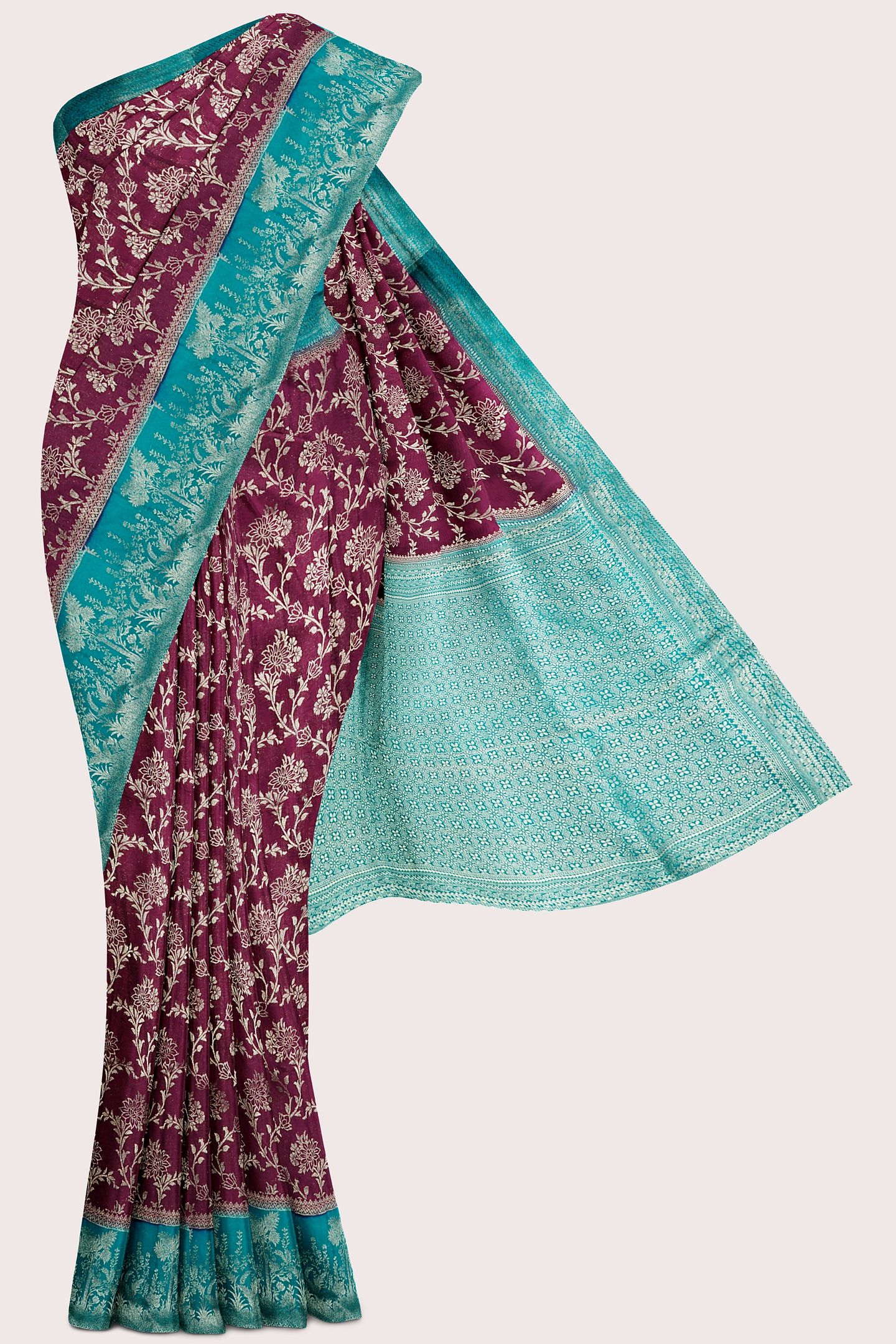 Emboose Silk Full Jal Design Dark Wine With Rama Green Saree