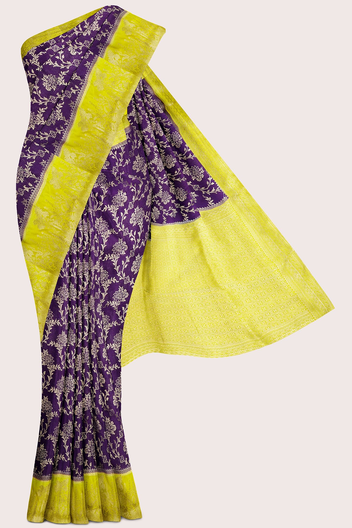 Emboose Silk Full Jal Design Purple With Lemon Yellow Saree