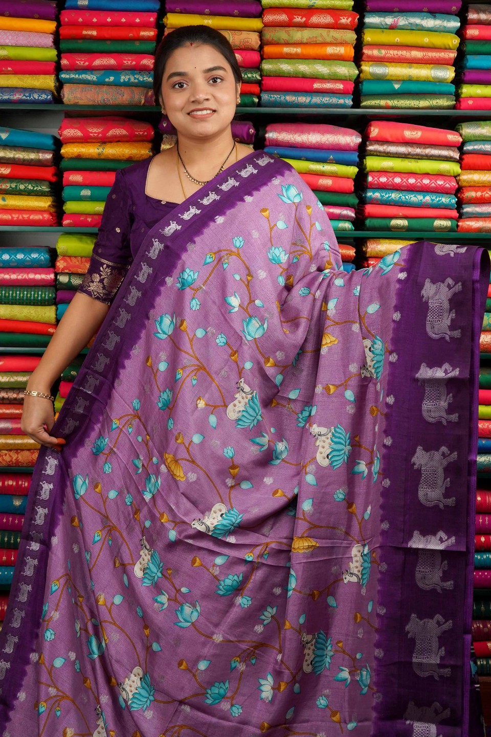 Dola Silk Kalamkari Print Dark Lavendar And Purple Saree