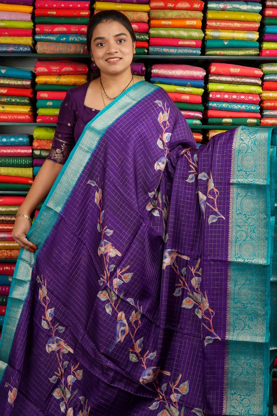 Soft Jute Silk Floral Design Purple And Sea Blue Saree