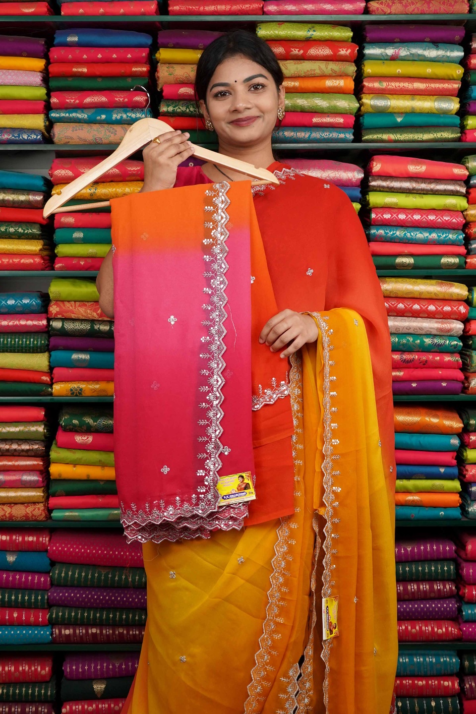 Georgette Tie And Dye With Scallop Border Orange And Pink Saree