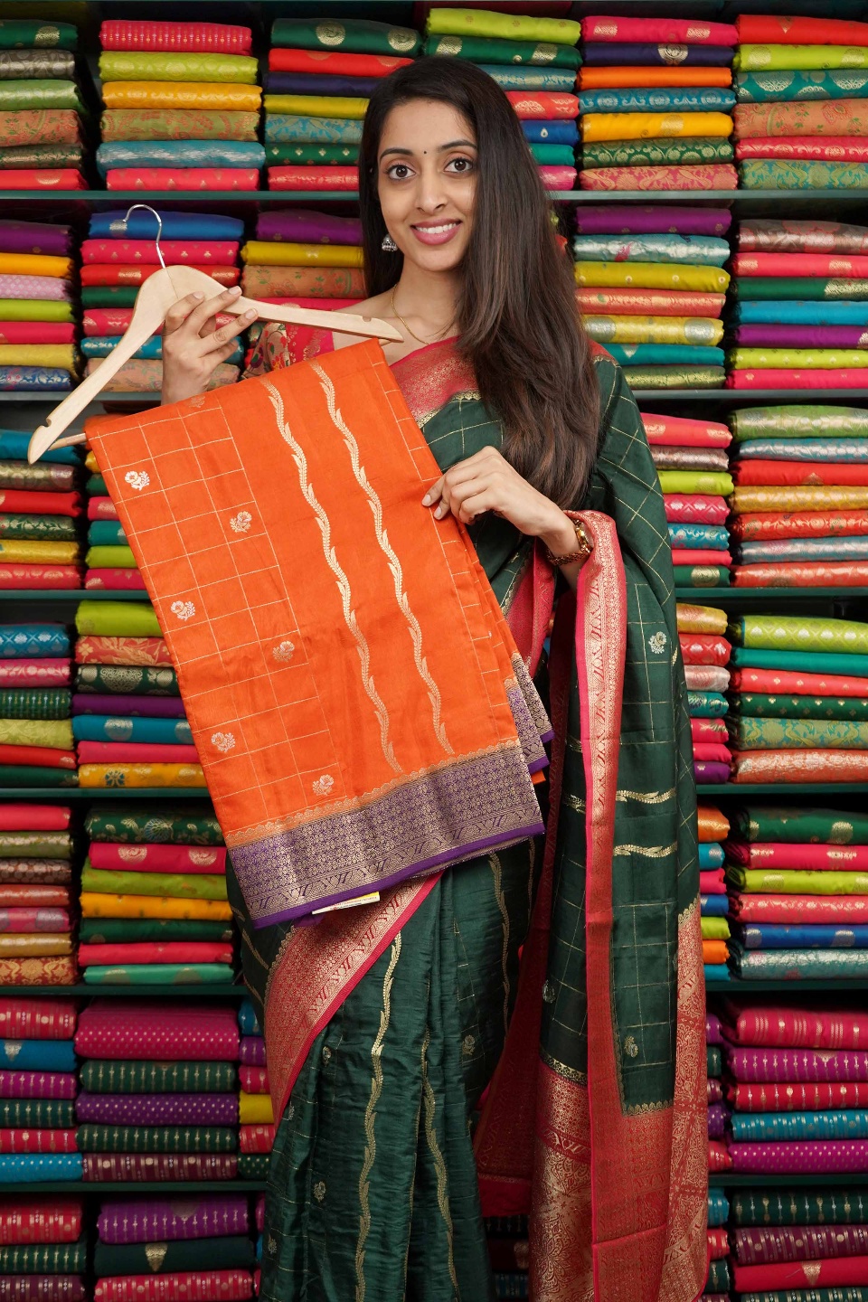 Matka Silk Checks With Zari Leaf Lines Dark Orange And Purple Saree