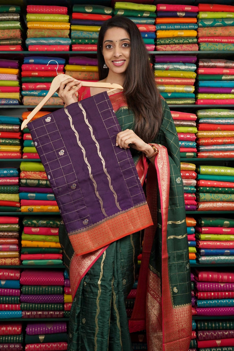 Matka Silk Checks With Zari Leaf Lines Purple And Dark Orange Saree