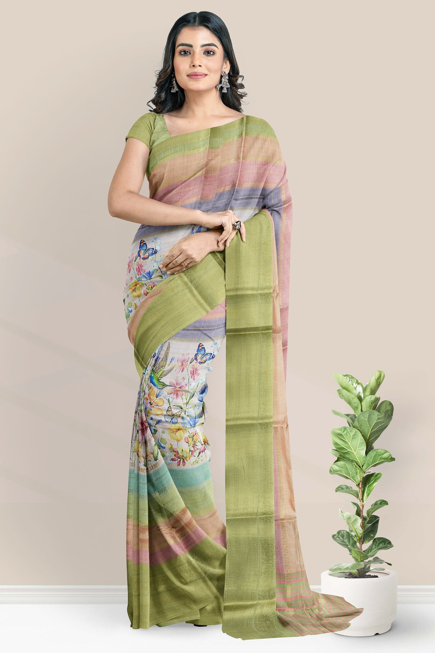 Fancy Silk Doriya Lines Digital Print Green Saree