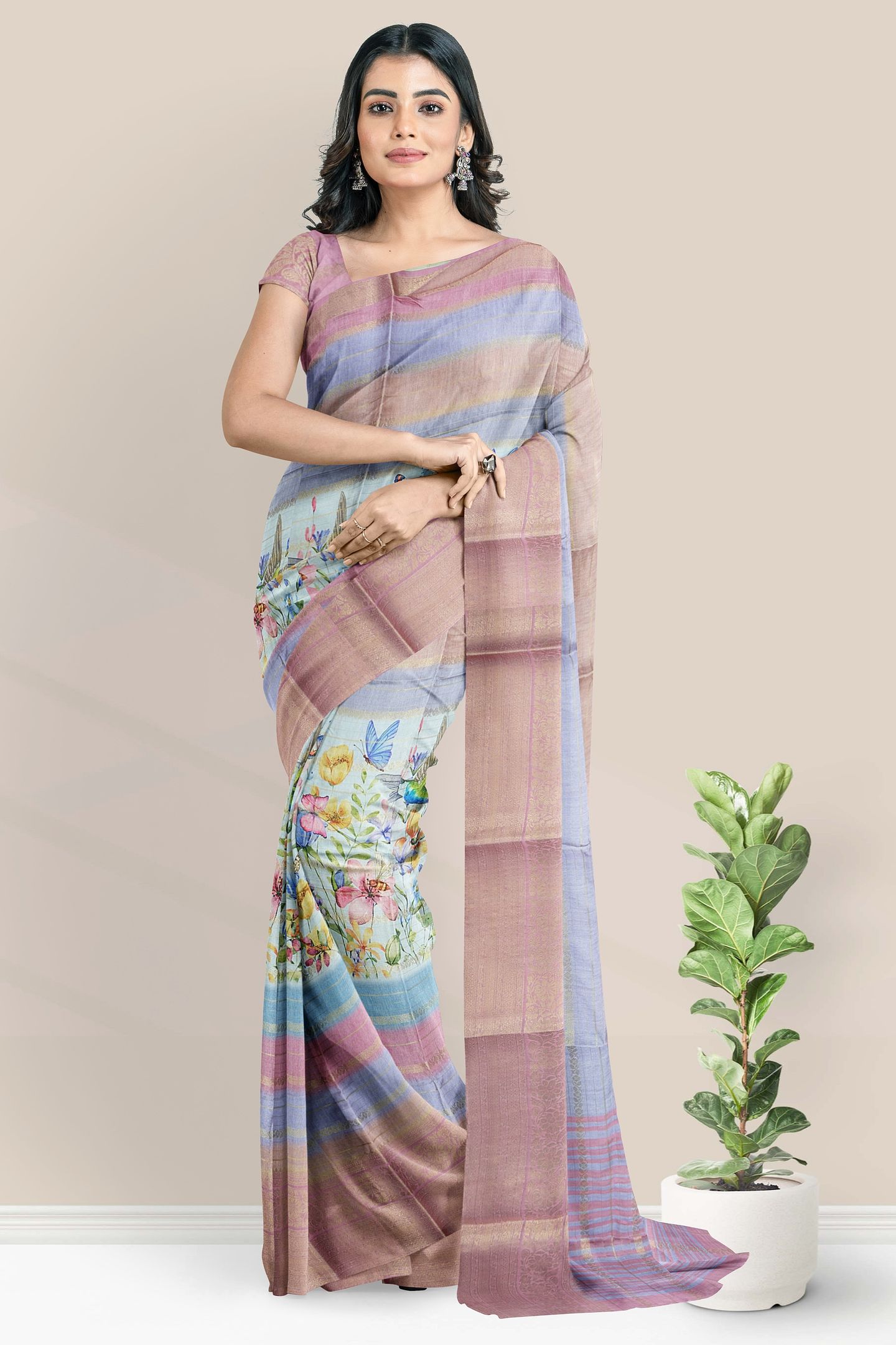 Fancy Silk Doriya Lines Digital Print Pink Saree