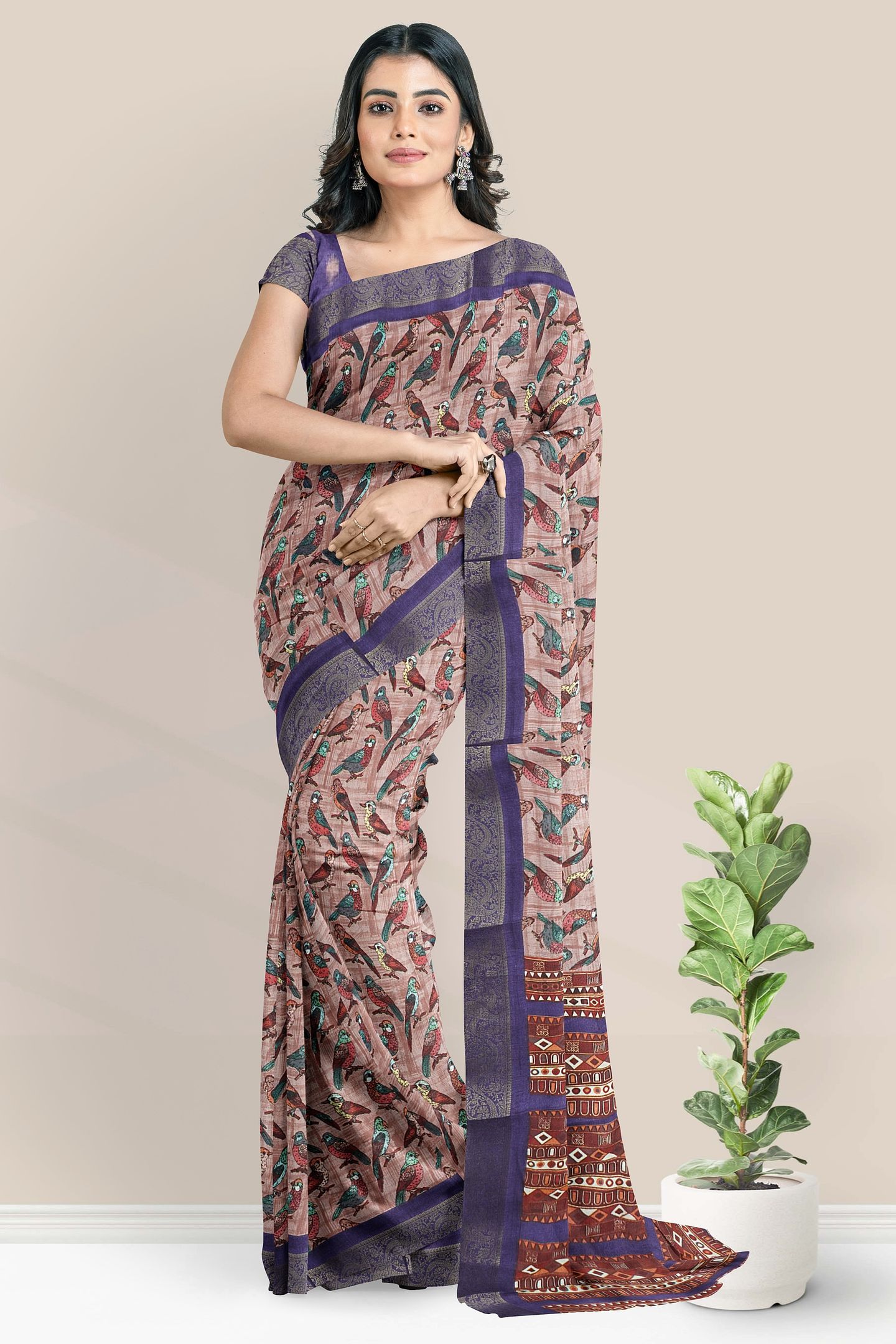 Fancy Silk Double Border Birds Design Onion Pink With Purple Saree