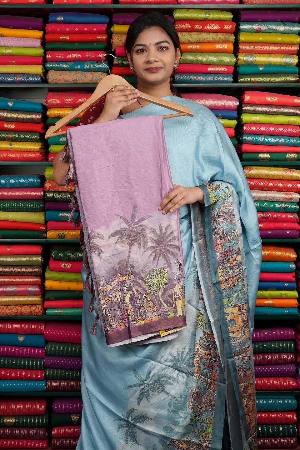 Crushed Crepe Kalamkari Print Pinkish Lavendar Saree