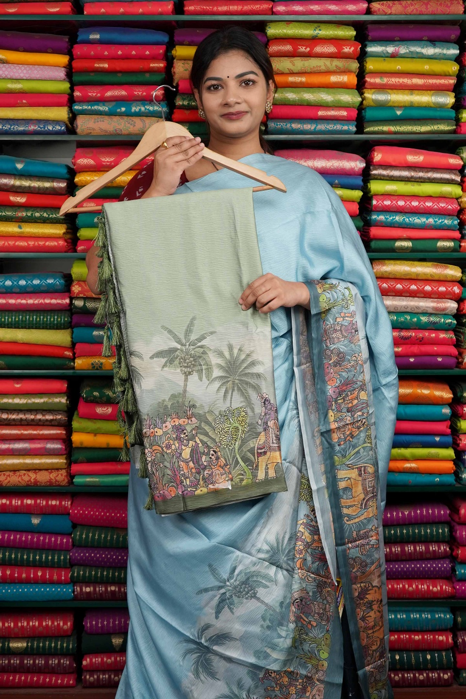 Crushed Crepe Kalamkari Print Green Saree