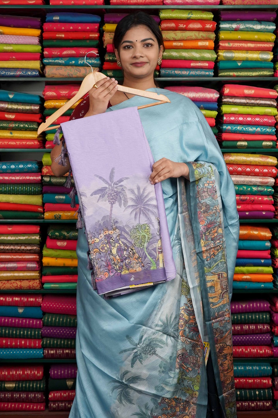 Crushed Crepe Kalamkari Print Lylac Saree