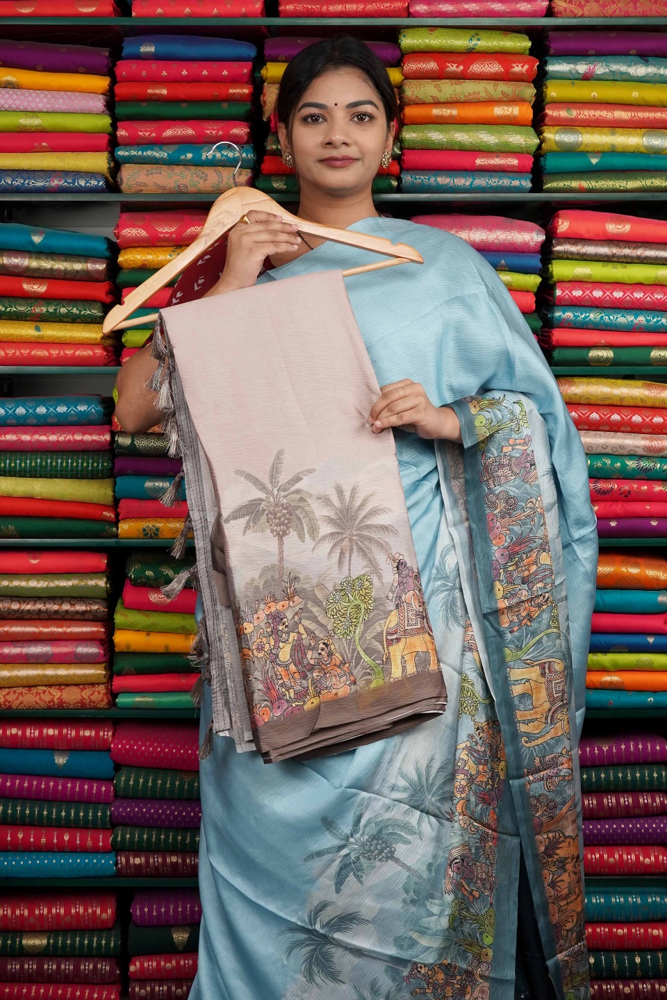 Crushed Crepe Kalamkari Print Dark Tan Saree