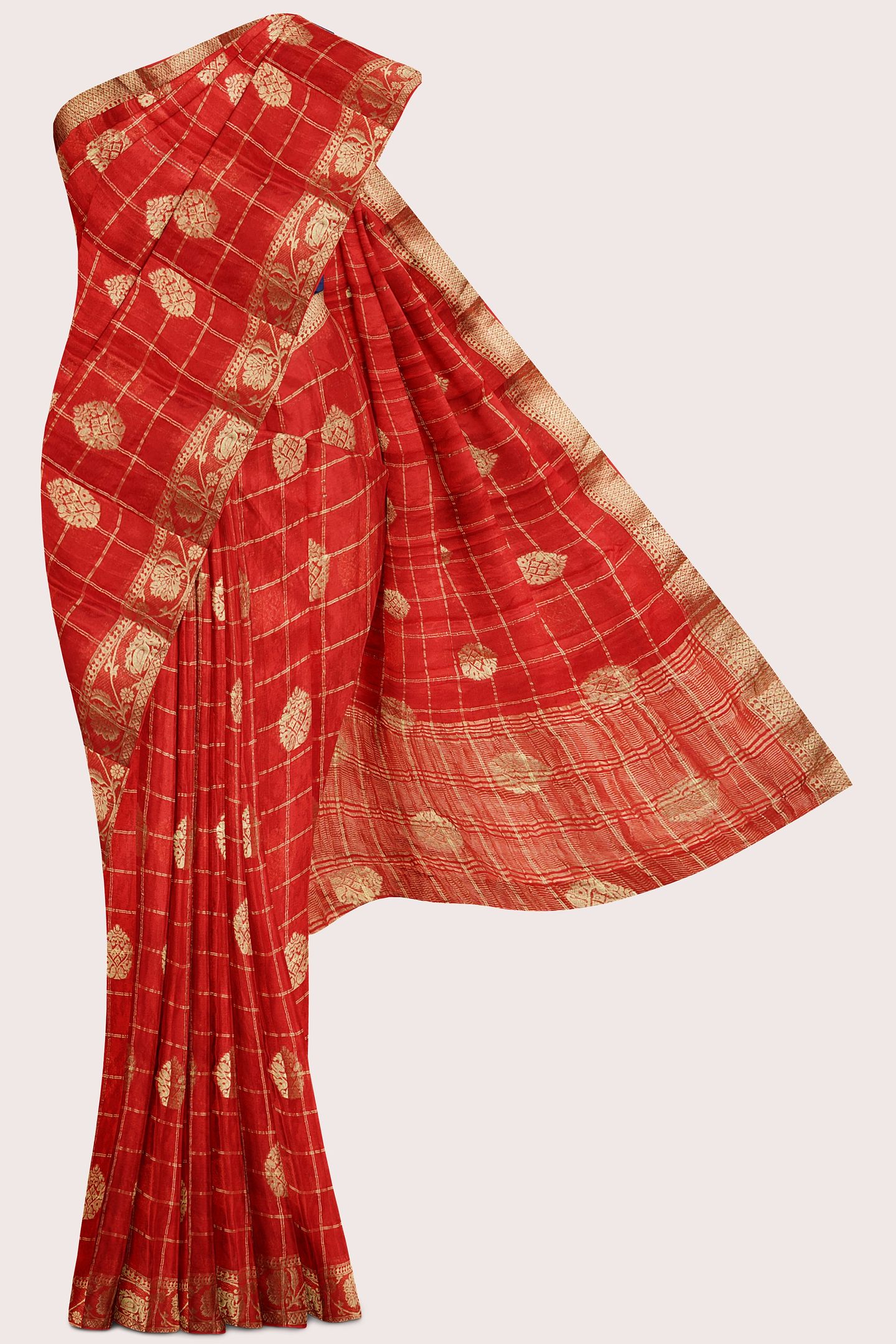 Chinon Crepe Silk Gold Zari Checks Maroon Red With Navy Blue Saree