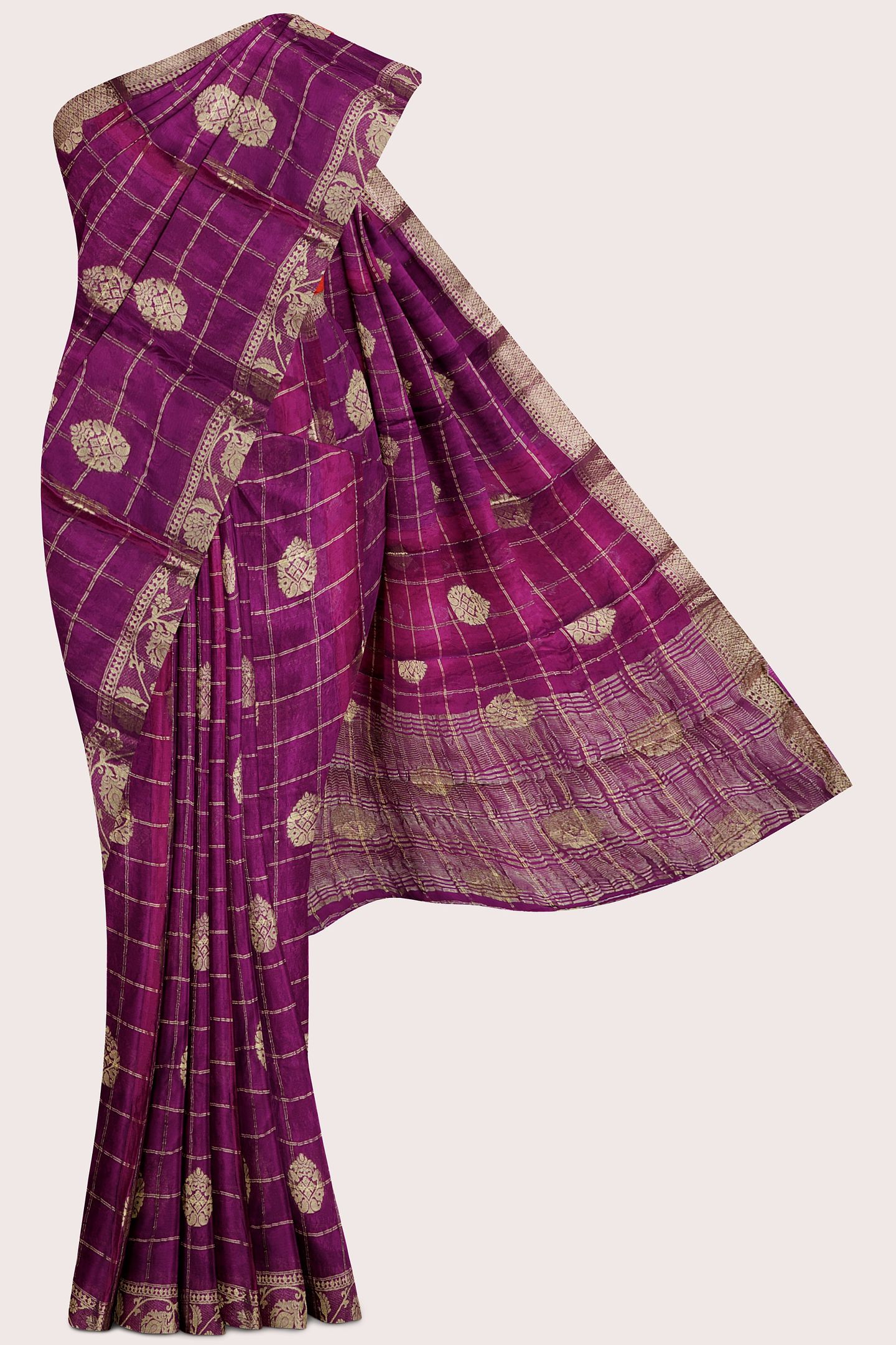 Chinon Crepe Silk Gold Zari Checks Magenta Pink With Red Saree