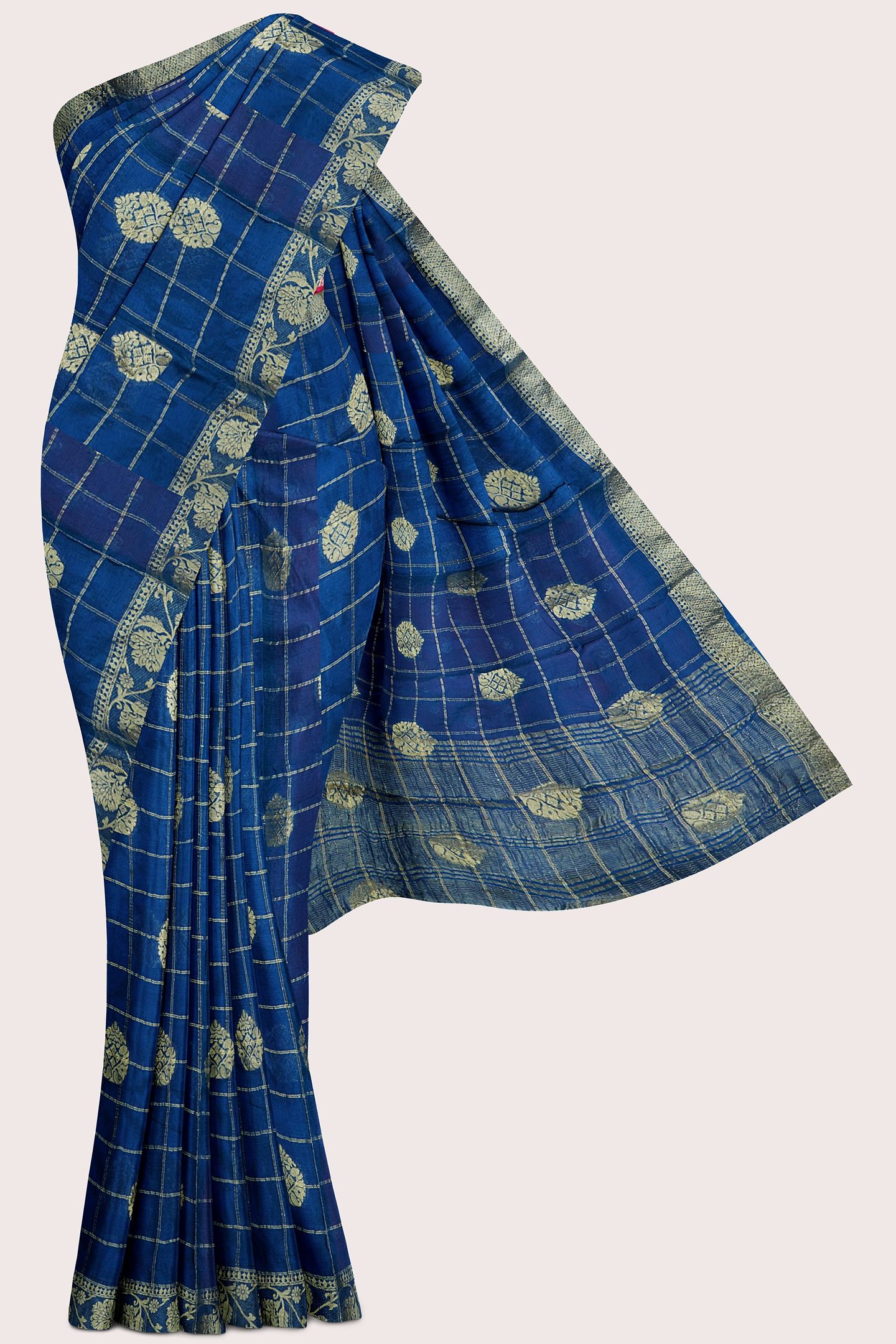 Chinon Crepe Silk Gold Zari Checks Peacock Blue With Pink Saree