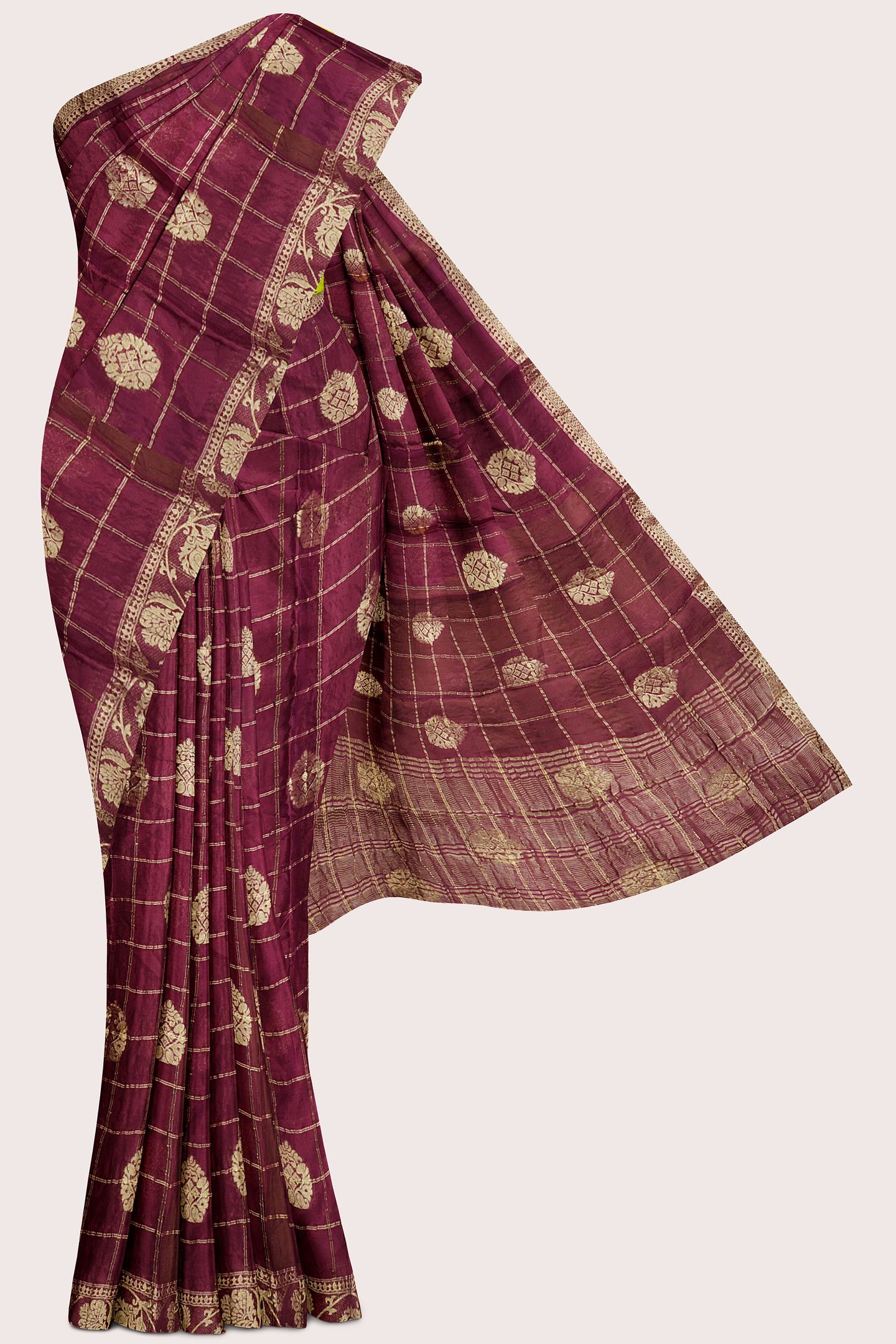 Chinon Crepe Silk Gold Zari Checks Wine With Mehandi Green Saree