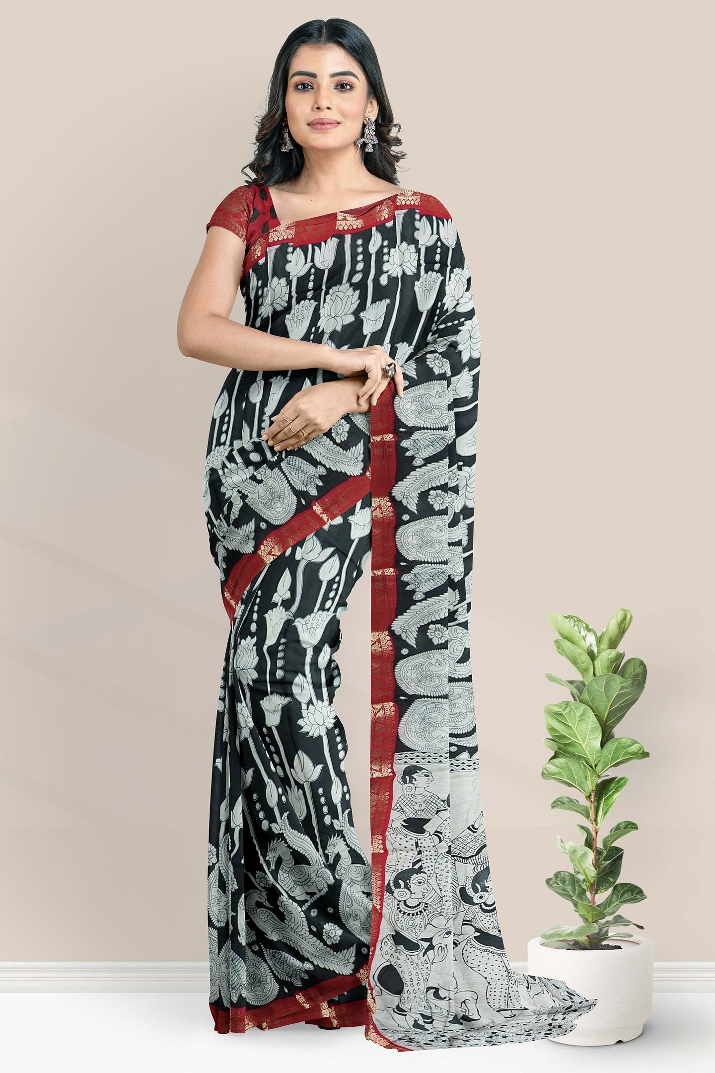 Soft Maheswari Silk Pichwai Digital Print Black Saree