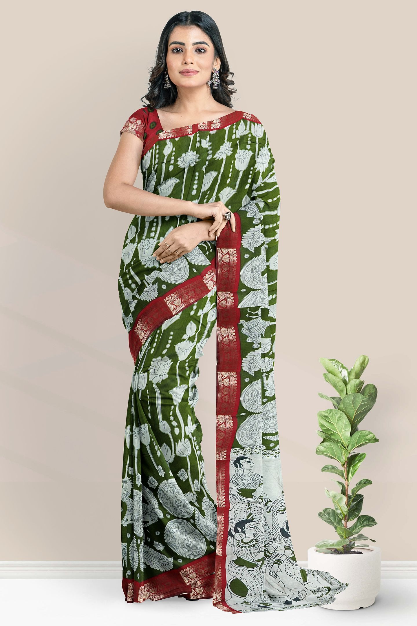 Soft Maheswari Silk Pichwai Digital Print Mehandi Green Saree