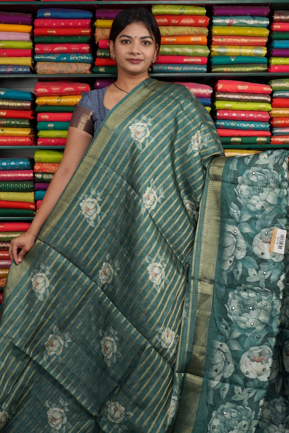 Kota Zari Lines With Kalamkari Border Rama Green Saree