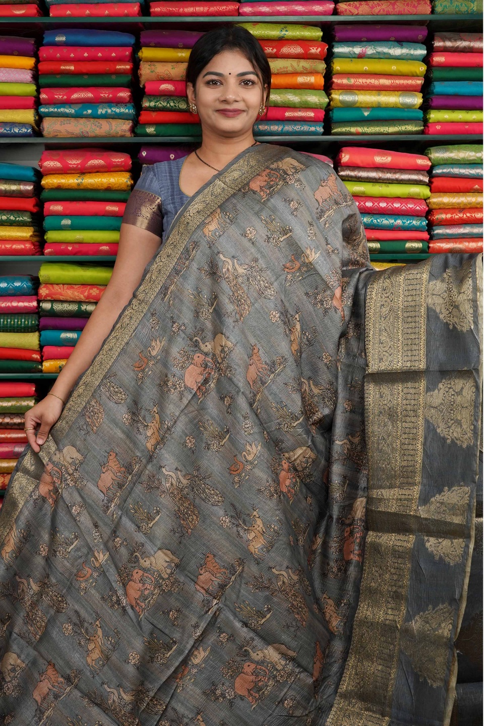 Kota Kalamkari Print With Zari Butti Border Gray Saree