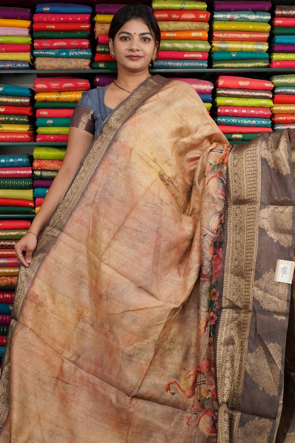 Kota Kalamkari Print With Zari Butti Border Peach And Dark Mouve Saree