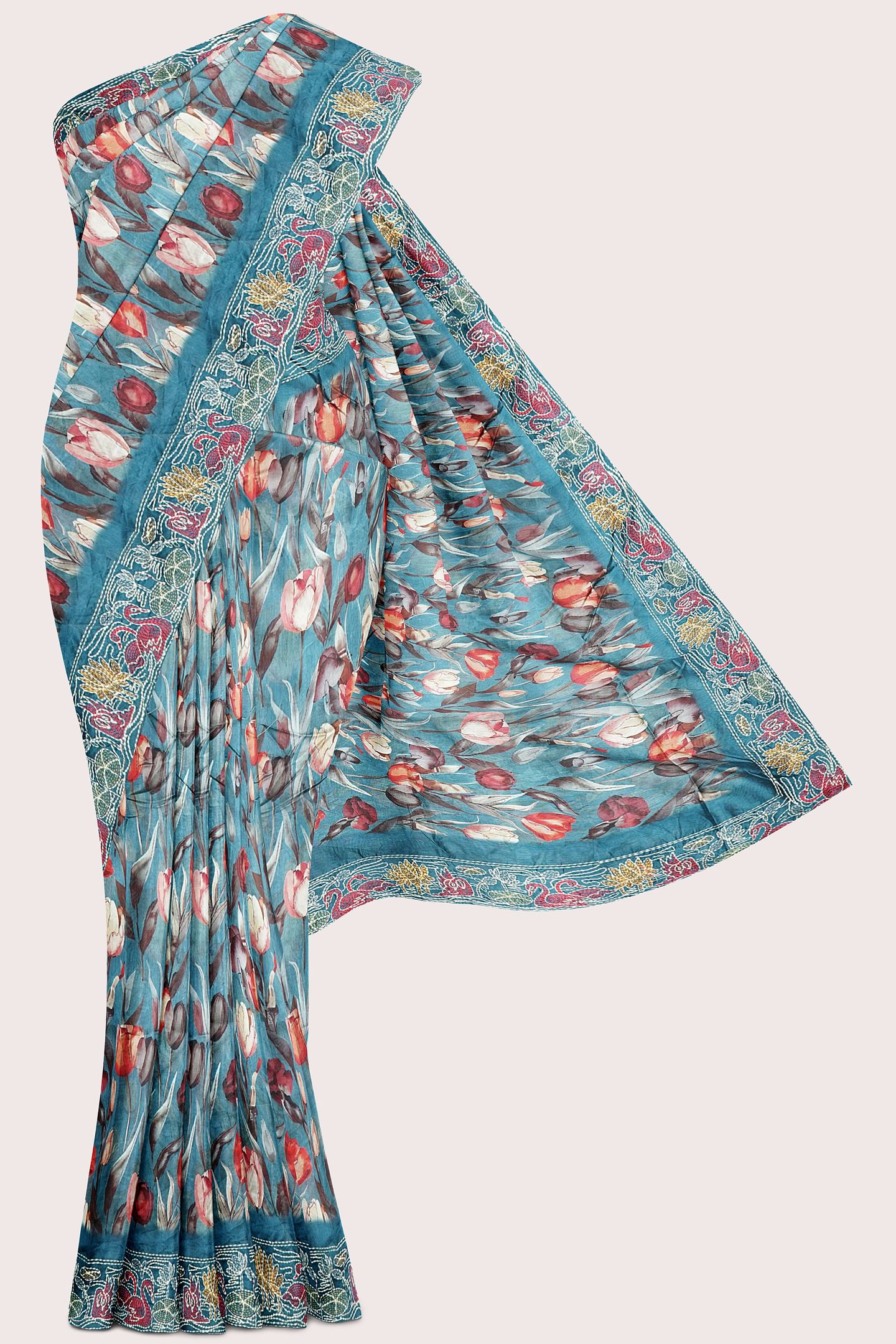 Linen Silk Matte Work Floral Digital Print Rama Green And Blue Mix Saree
