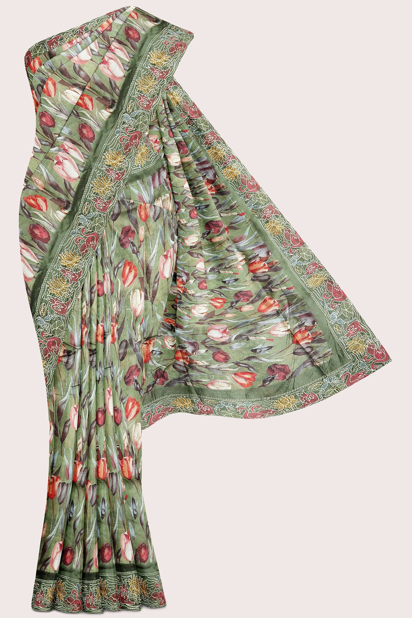 Linen Silk Matte Work Floral Digital Print Green Saree
