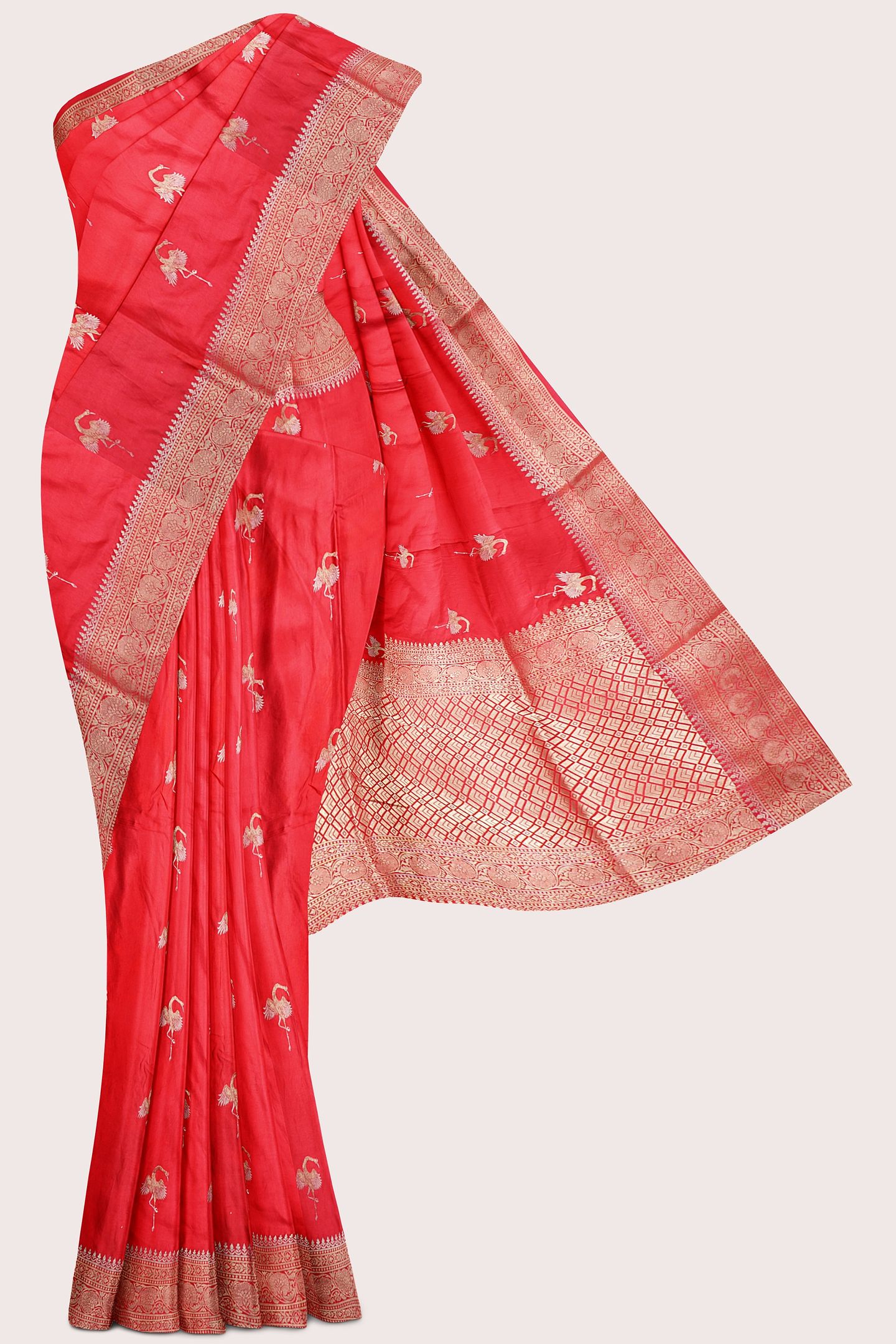 Satin Crepe Silver And Gold Zari Butti Tomato Red Saree