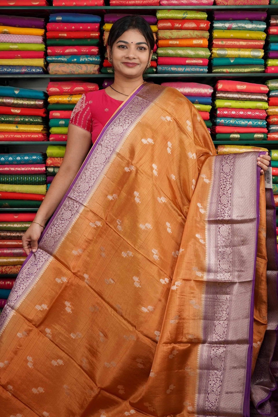 Soft Tissue Flower Butti With Zari Border Orange And Lavendar Saree