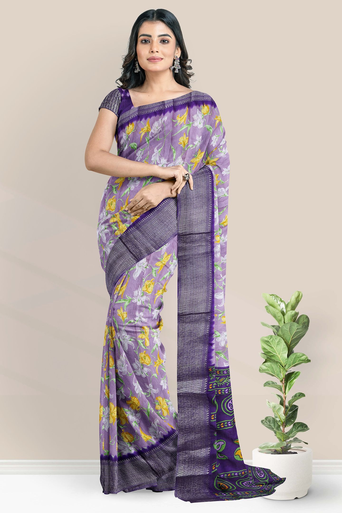 Soft Crushed Silk Digital Print Lavender With Purple Saree