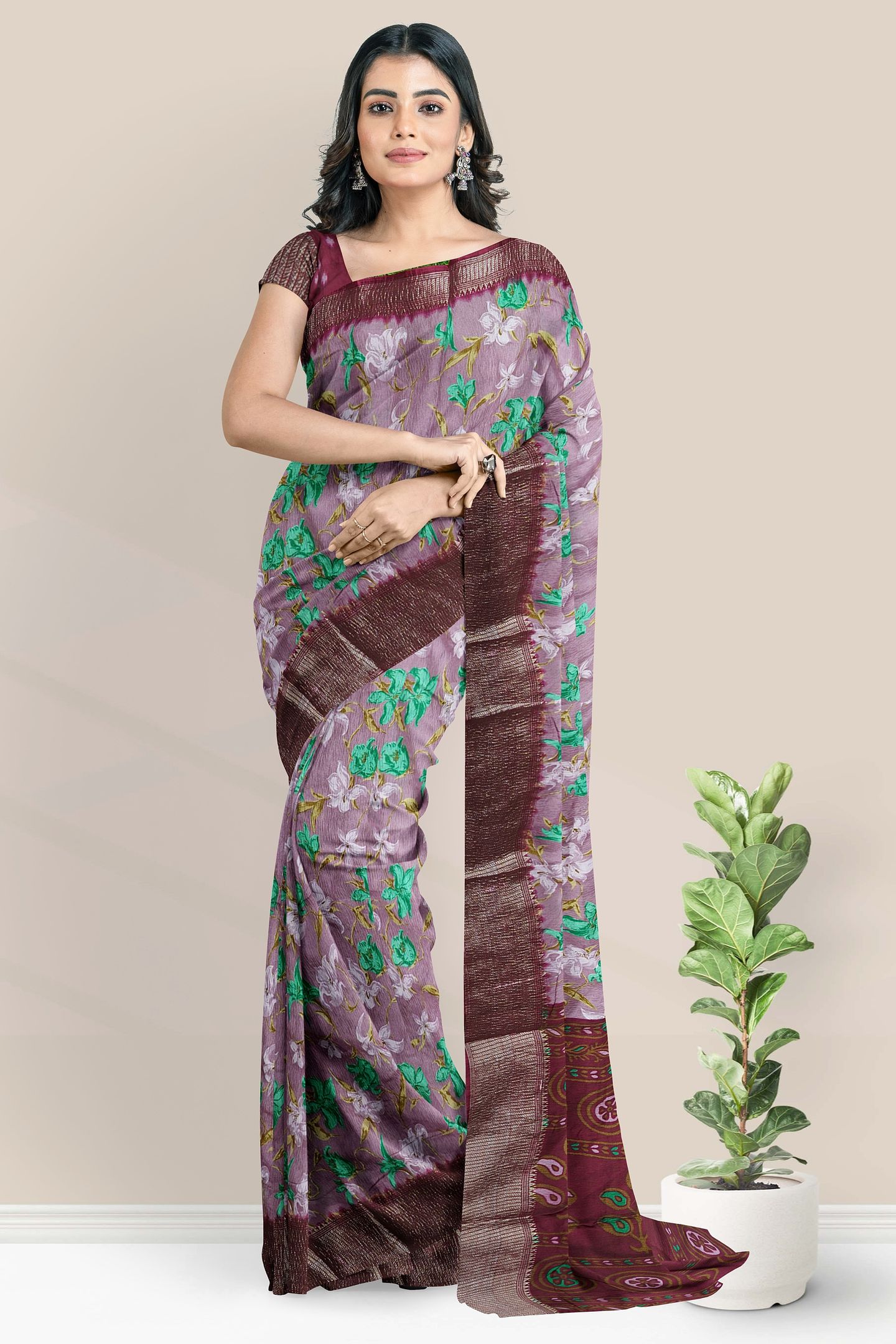 Soft Crushed Silk Digital Print Pink With Wine Saree