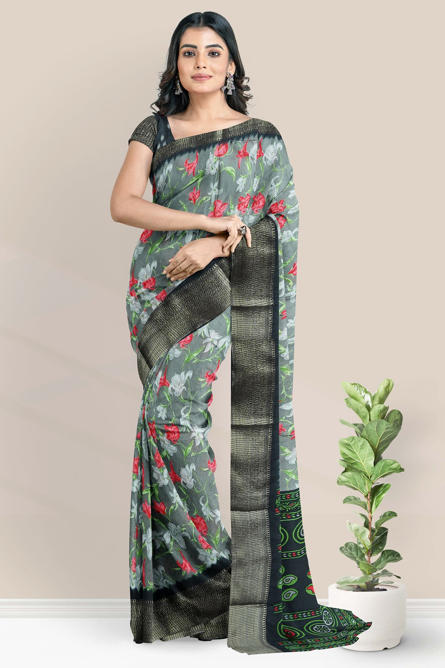 Soft Crushed Silk Digital Print Ash With Black Saree