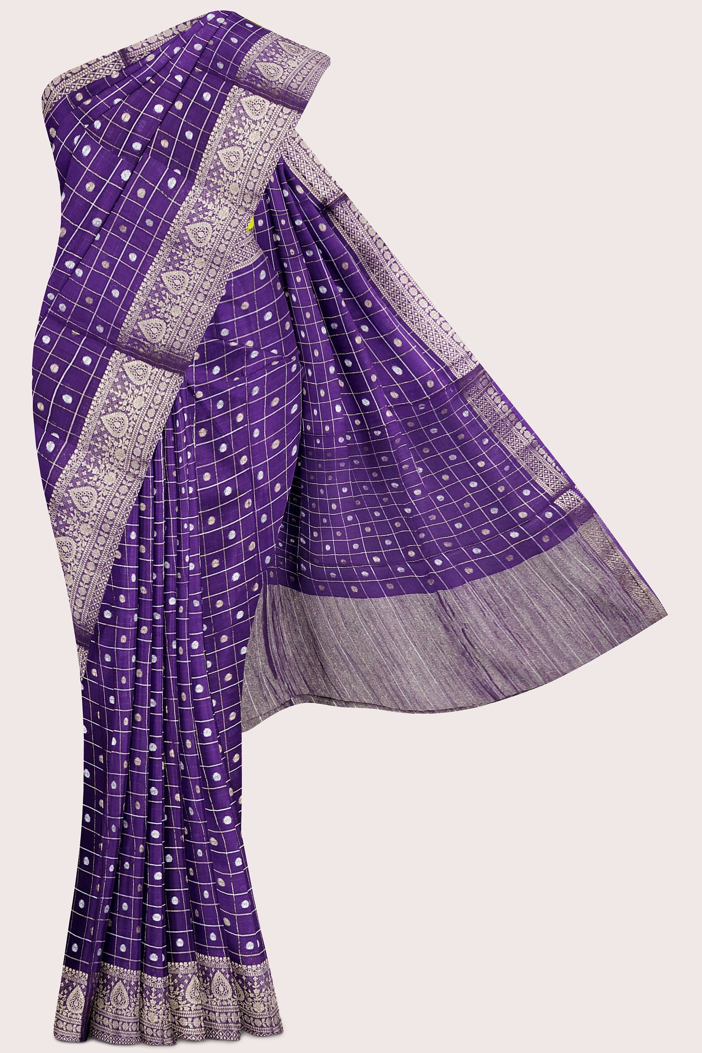 Munga Crepe Silver And Gold Zari Checks Purple With Lemon Yellow Saree