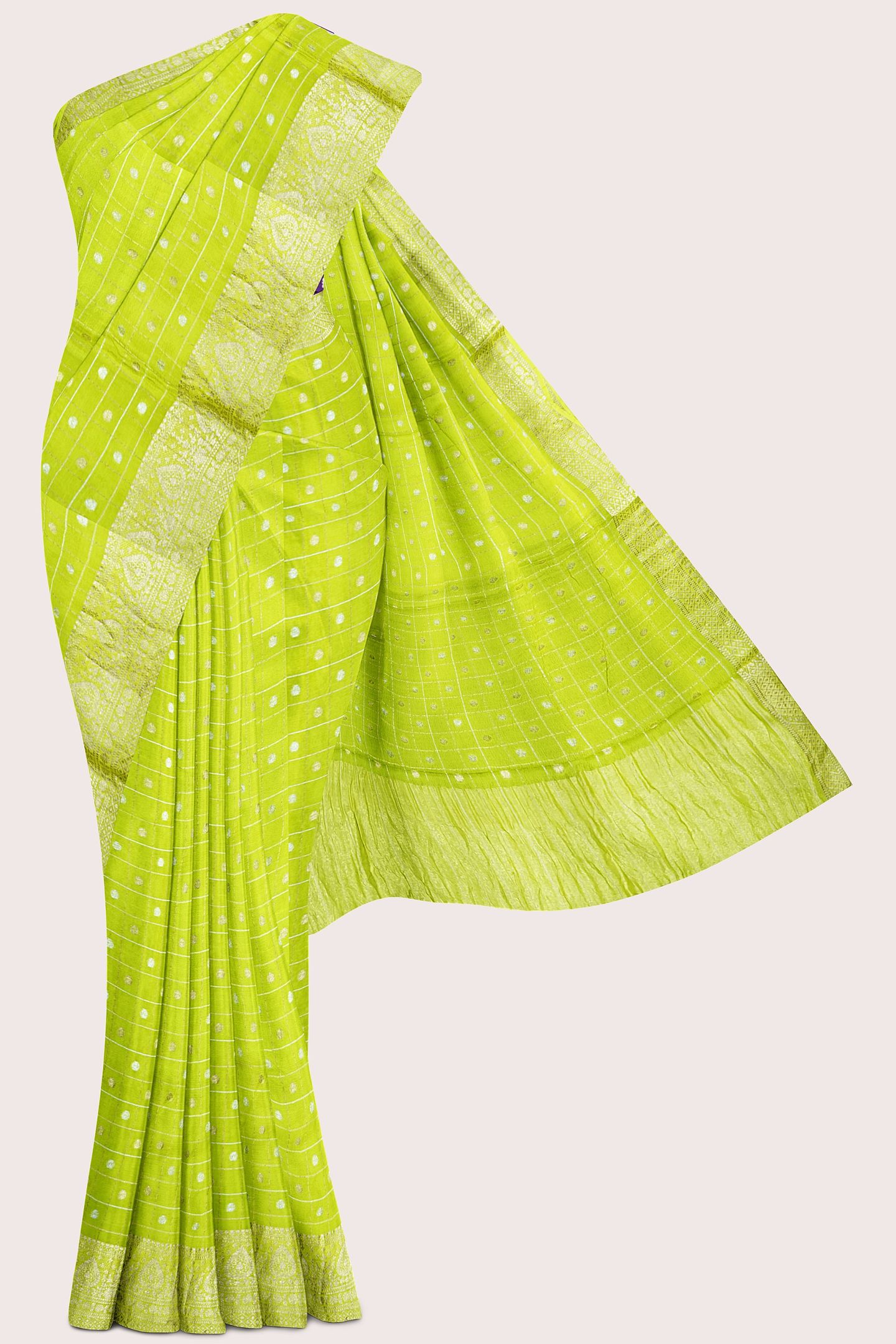 Munga Crepe Silver And Gold Zari Checks Parrot Green With Purple Saree