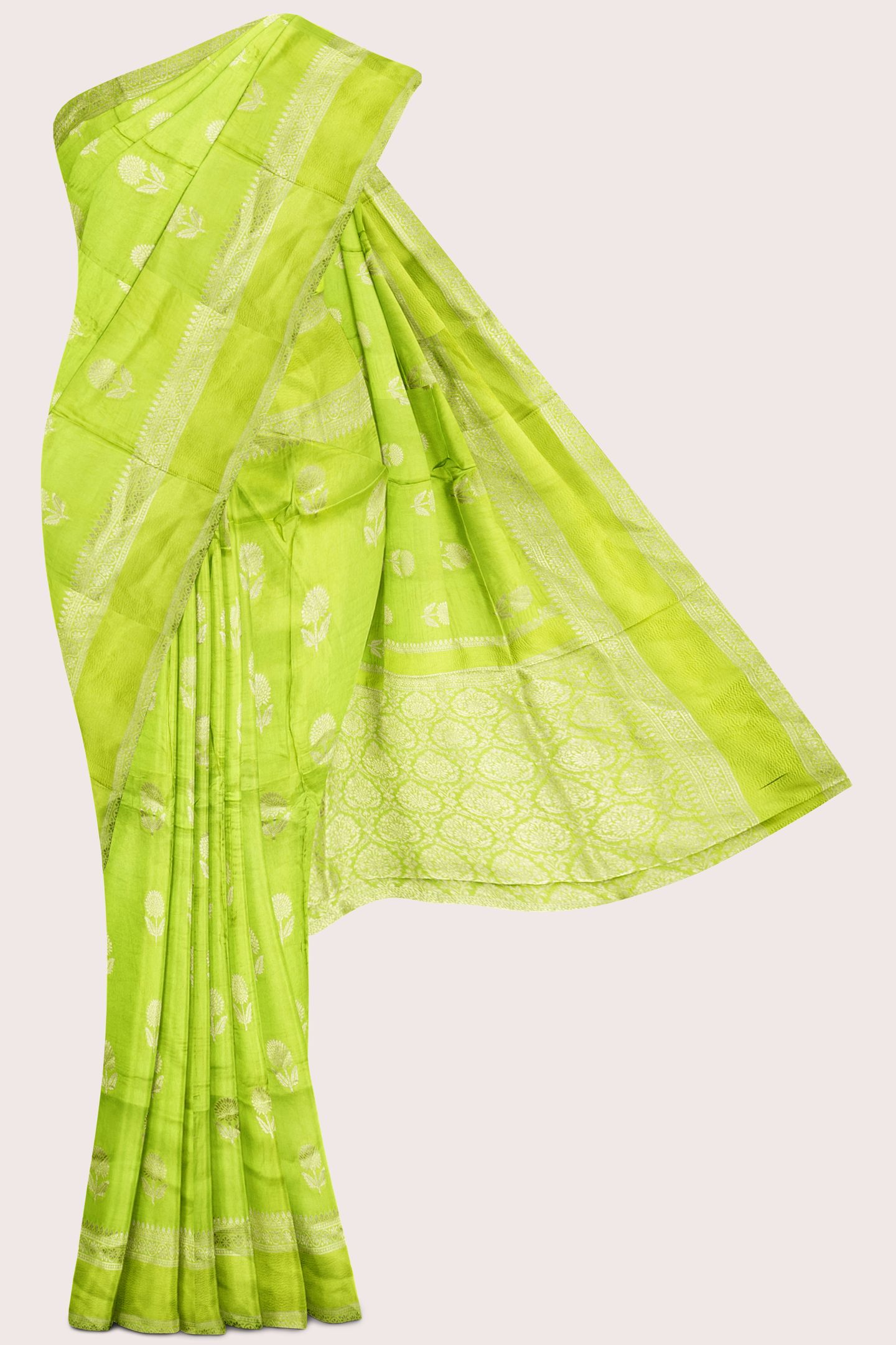 Viscose Georgette Gold Zari And Flower Butti Parrot Green Saree
