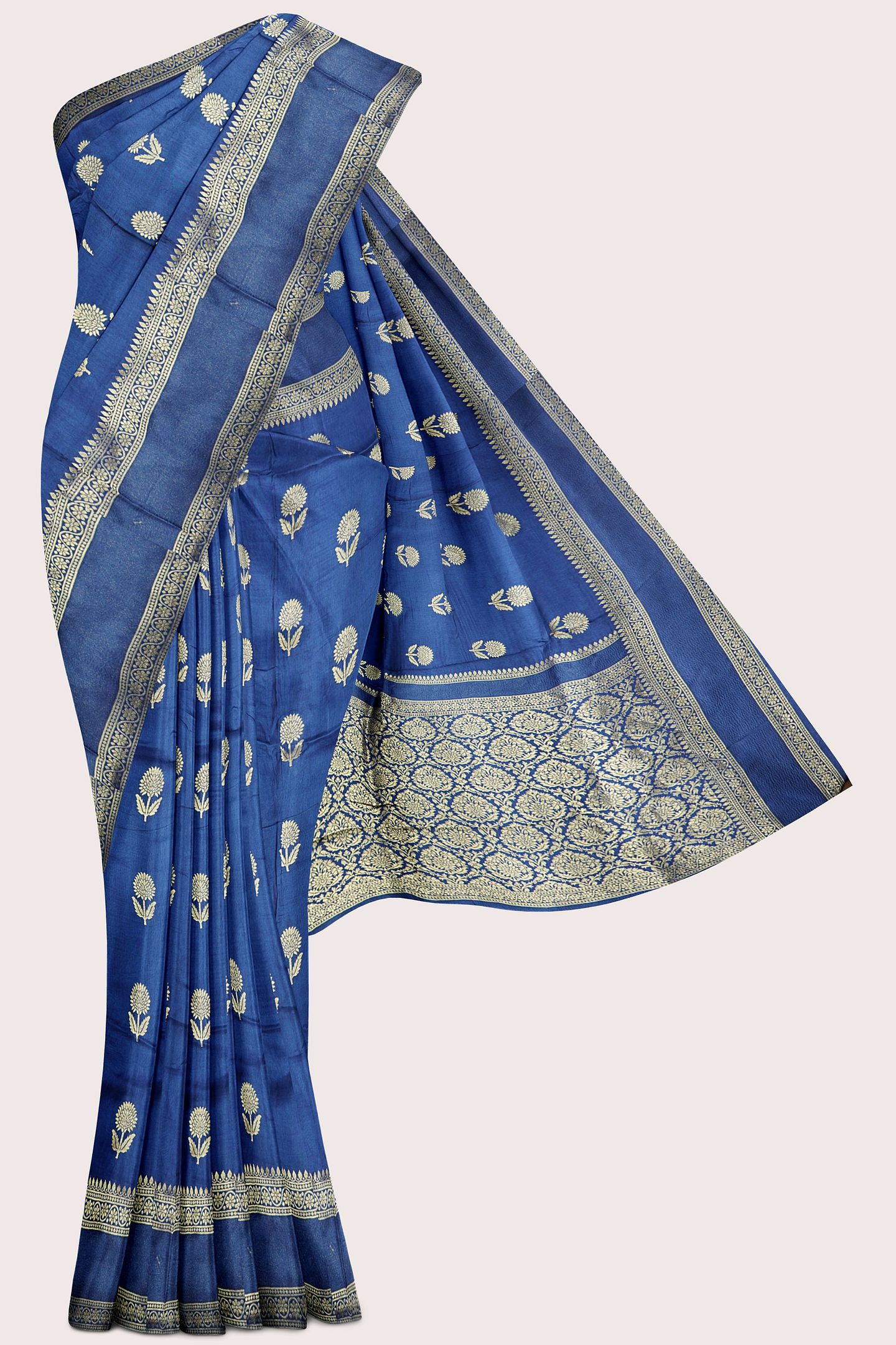 Viscose Georgette Gold Zari And Flower Butti Peacock Blue Saree