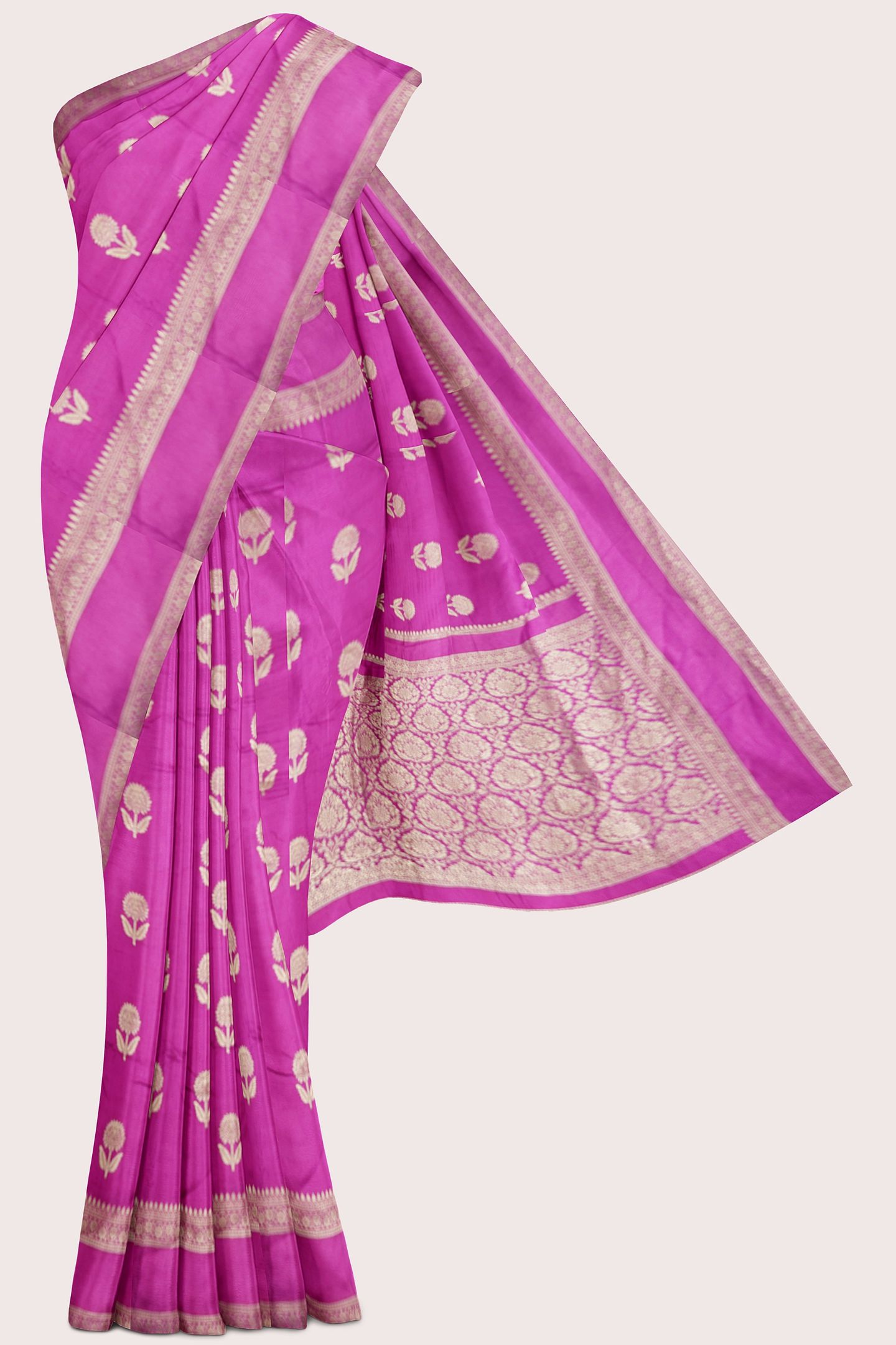 Viscose Georgette Gold Zari And Flower Butti Magenta Pink Saree
