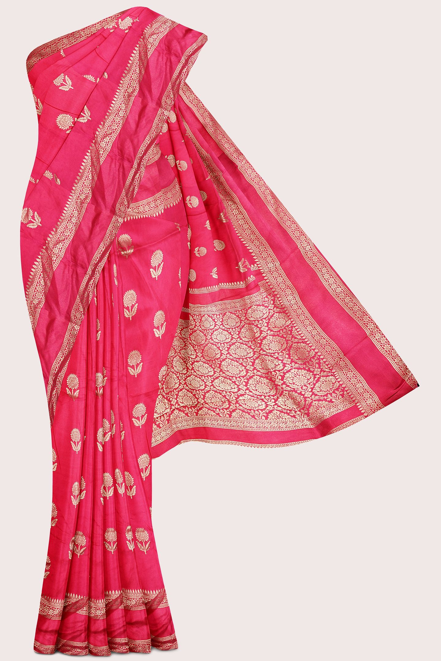 Viscose Georgette Gold Zari And Flower Butti Dark Pink Saree
