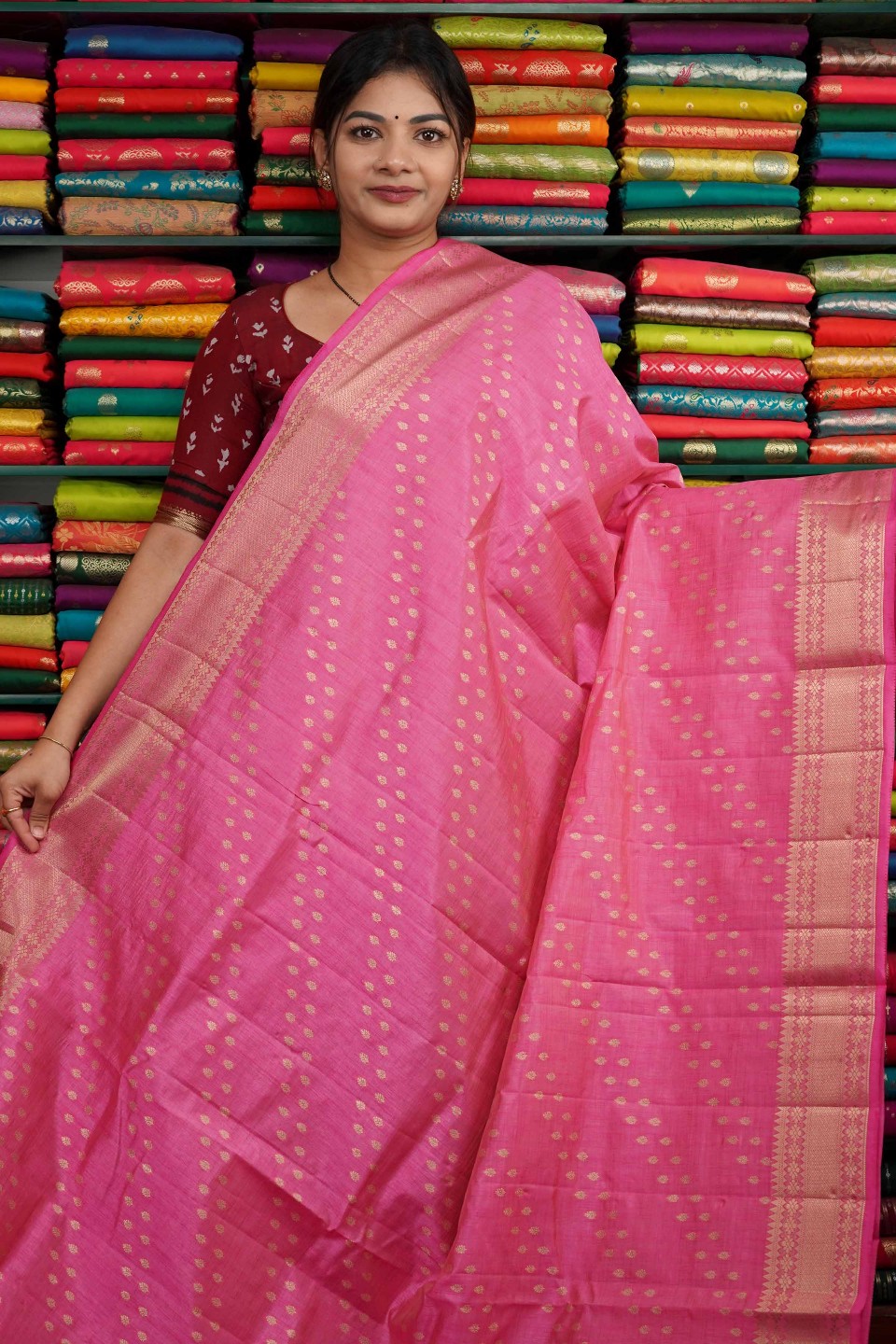 Tussur Gold Zari Lines Light Pink Saree