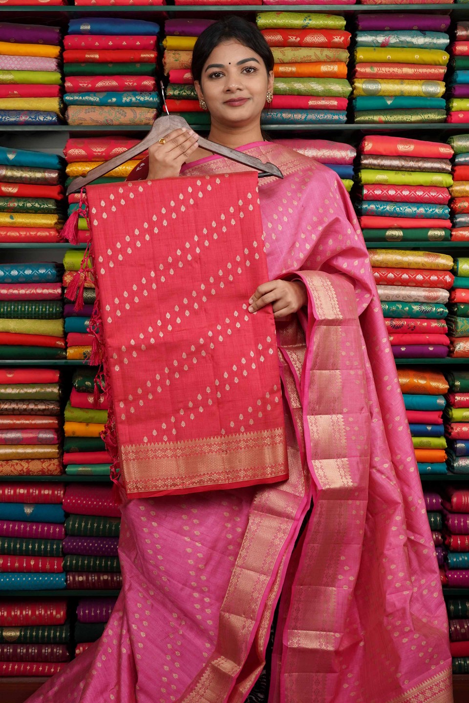 Tussur Gold Zari Lines Reddish Pink Saree