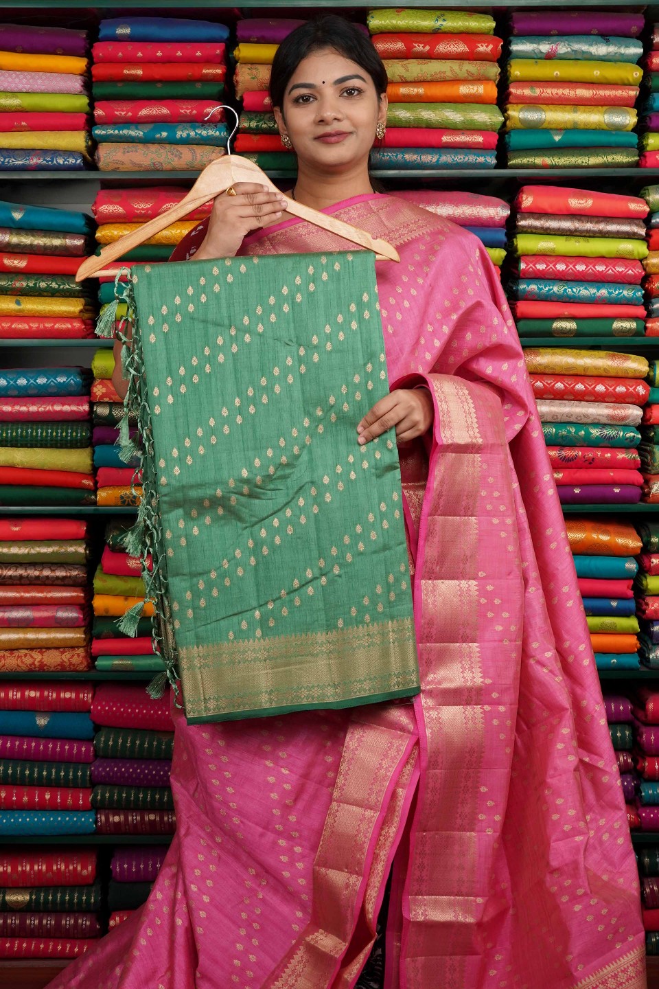 Tussur Gold Zari Lines Teal Green Saree
