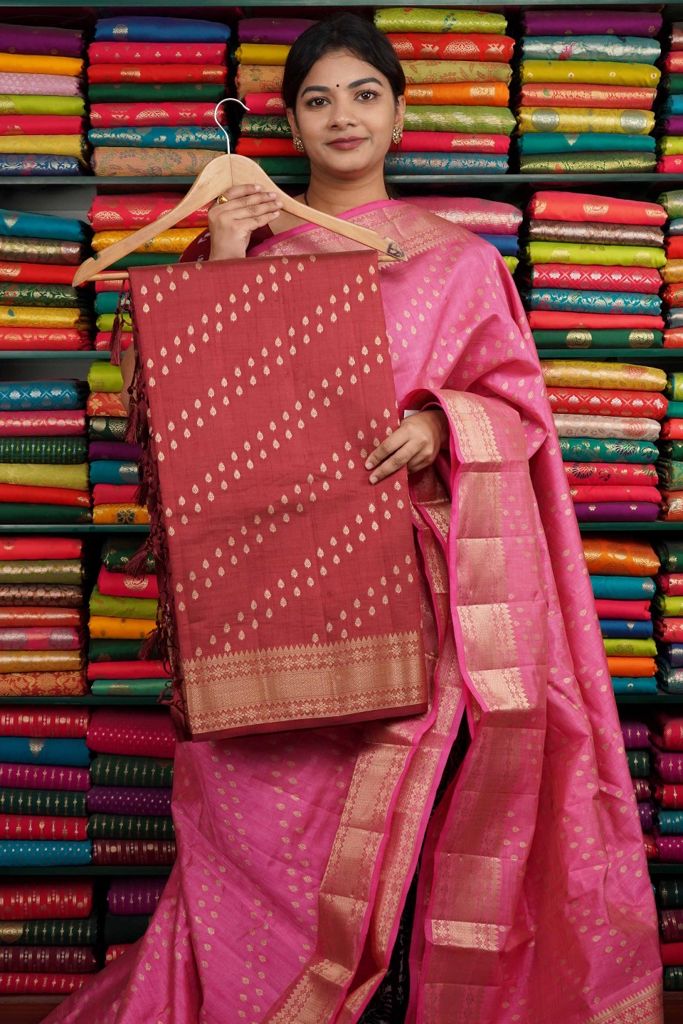 Tussur Gold Zari Lines Dark Maroon Saree