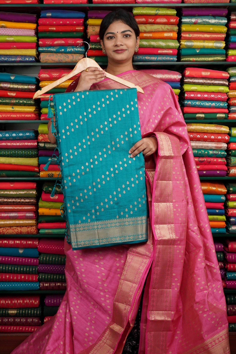 Tussur Gold Zari Lines Dark Rama Blue Saree