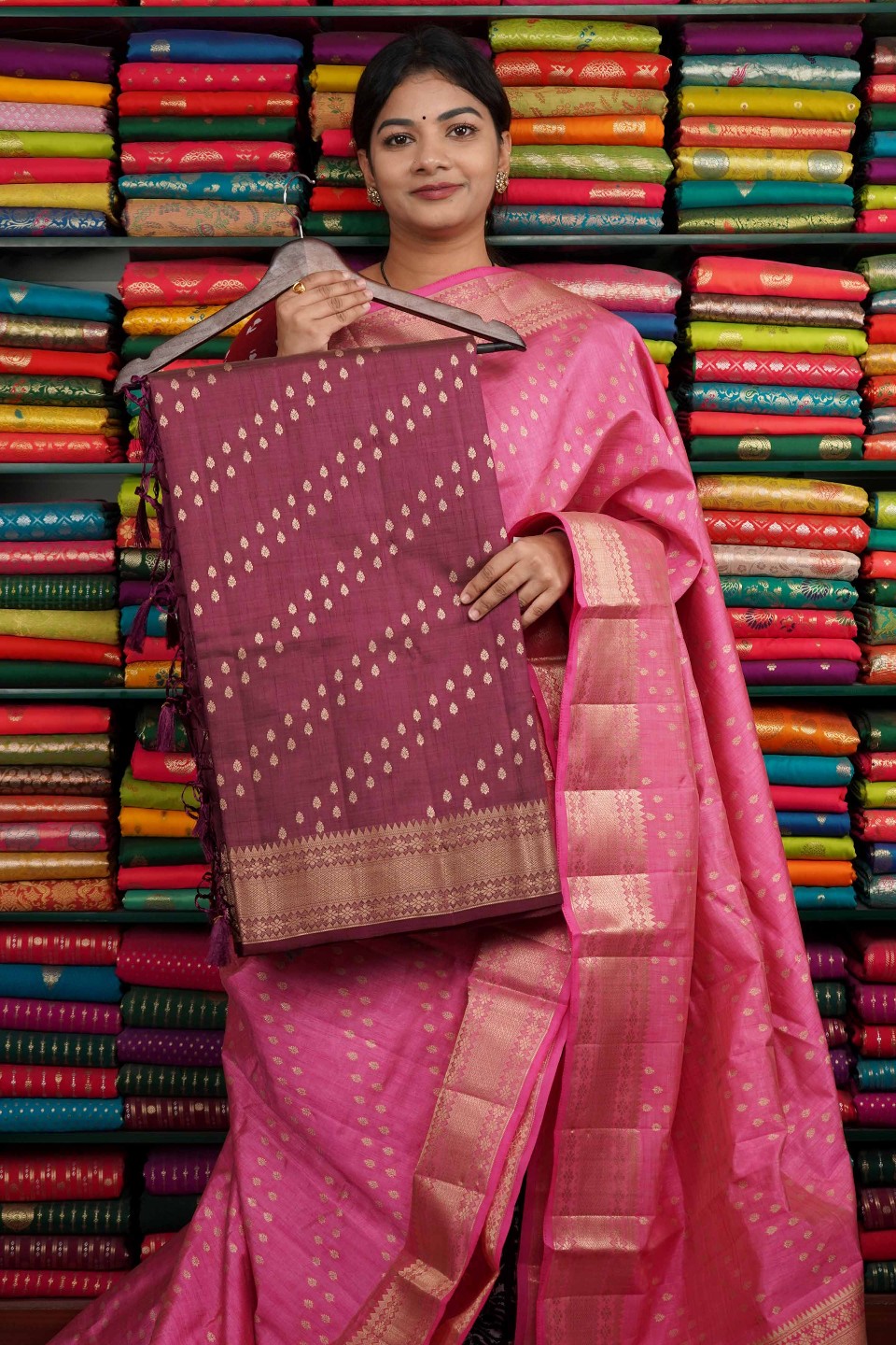 Tussur Gold Zari Lines Dark Wine Saree