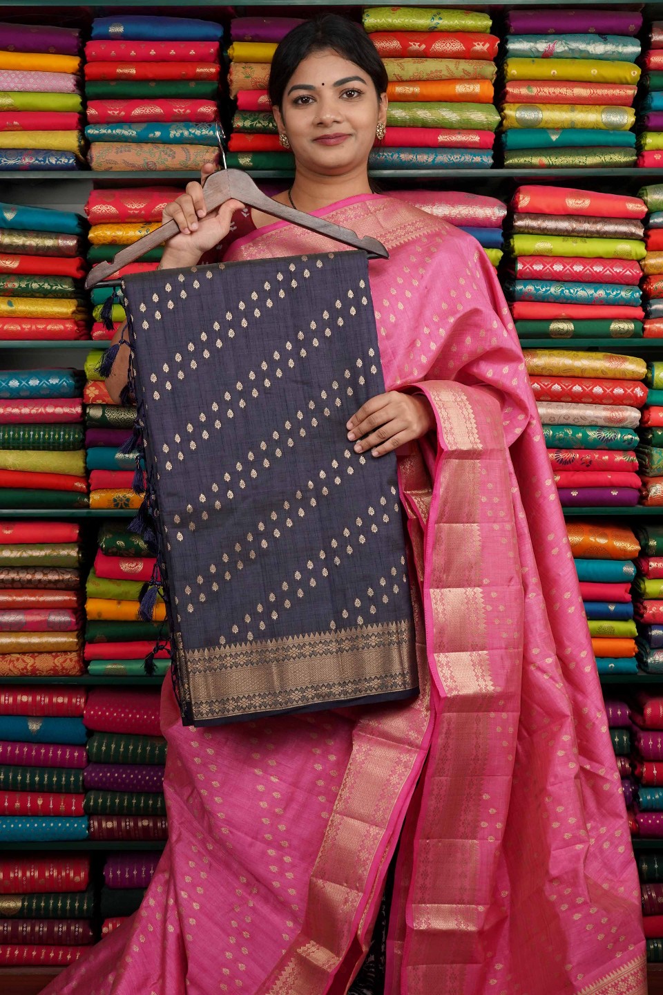 Tussur Gold Zari Lines Dark Navy Blue Saree