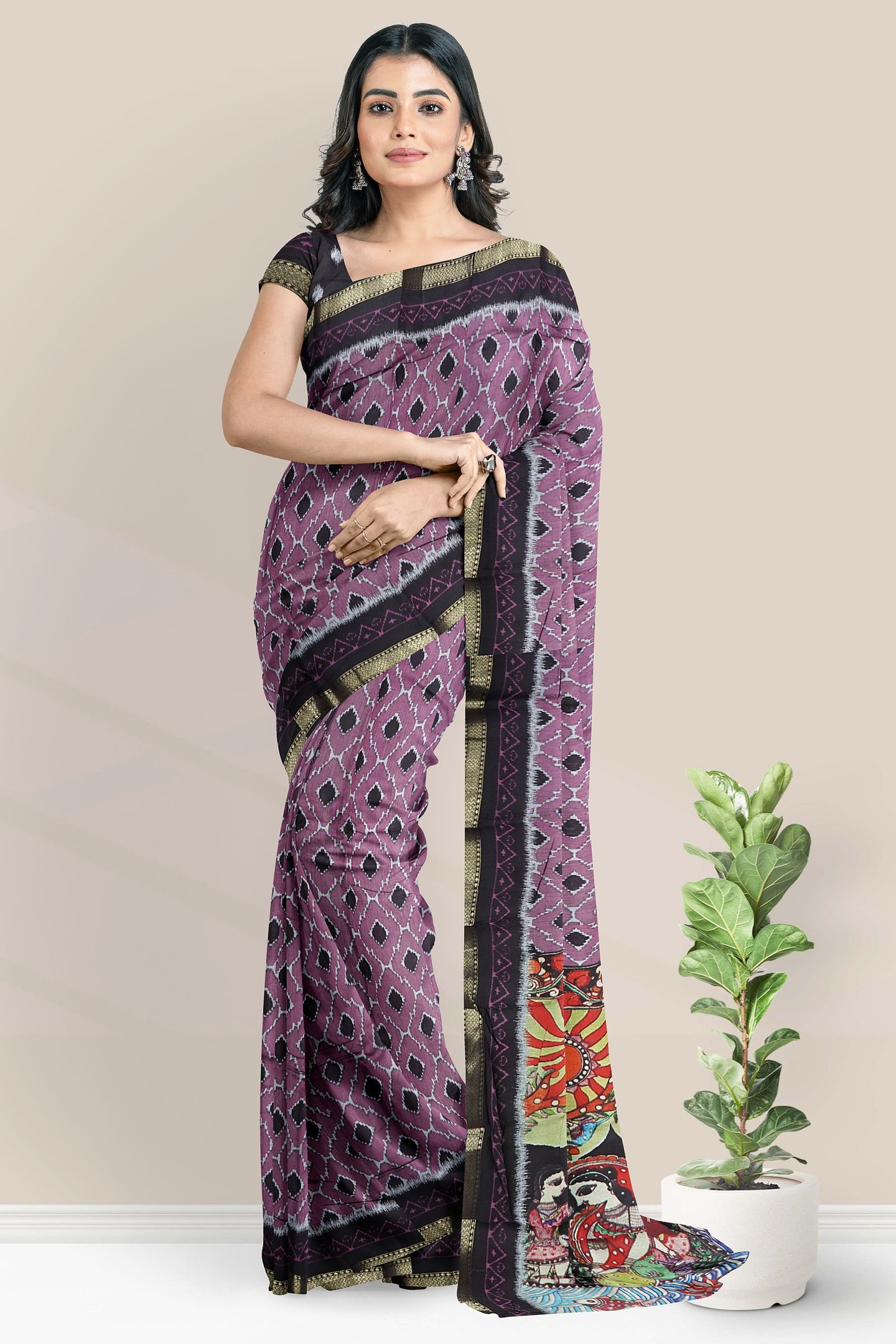 Soft Mangalagiri Silk Ikkath Print Pink With Wine Saree