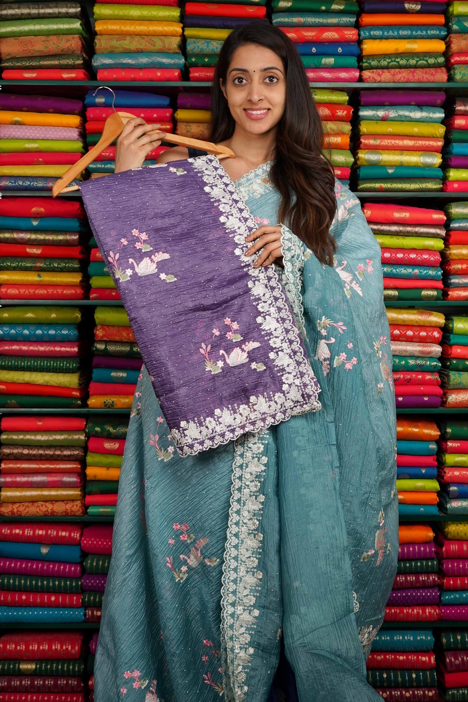 Crushed Chiffon Embroidery Tie And Dye Light And Dark Purple Saree