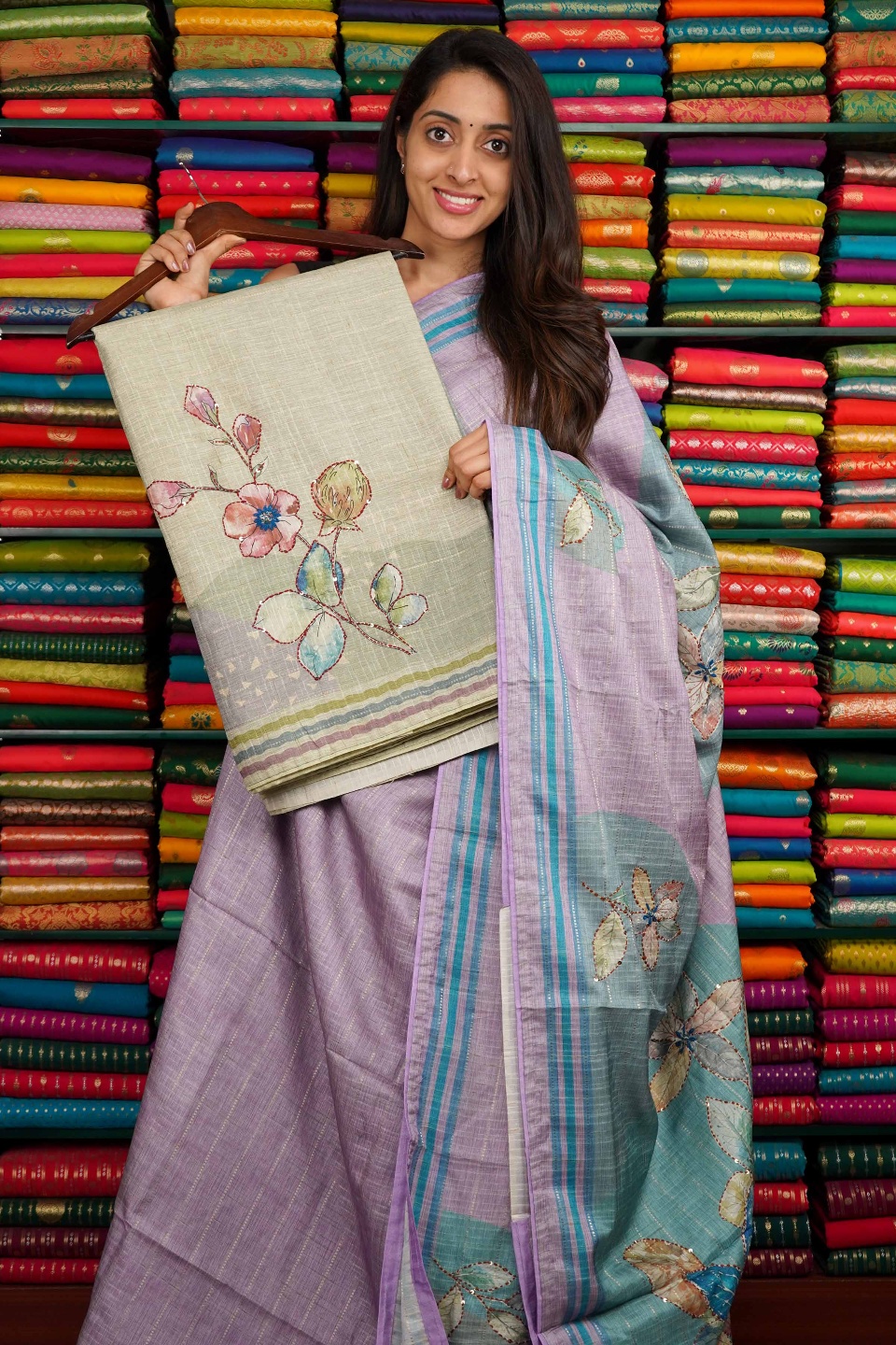 Soft Jute Silk Flower Embroidery Butti Light Green Saree